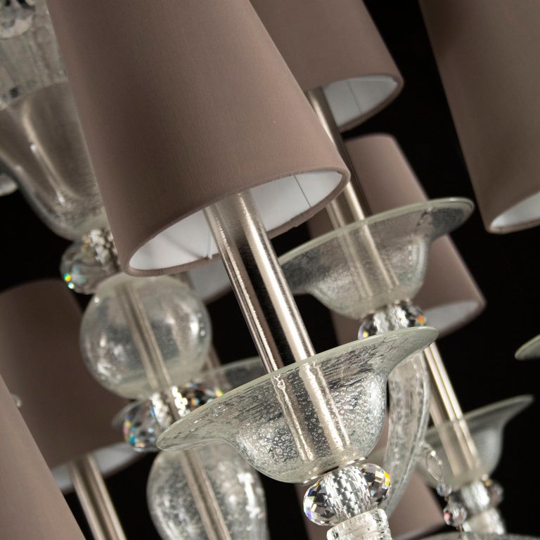 Other Luxury Chandelier 15 Arms Clear-silver Murano Glass and lampshades by Multiforme For Sale