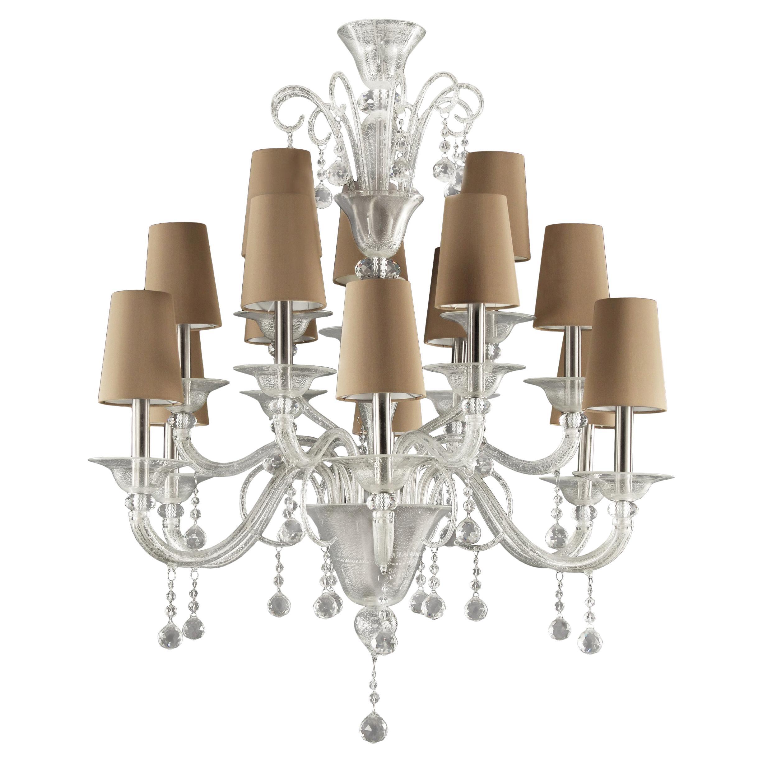 Luxus-Kronleuchter mit 15 Armen aus klarem Muranoglas und Lampenschirmen von Multiforme
