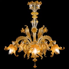 Luxury Chandelier 5 Arms Amber and Gold Murano Glass, by Multiforme