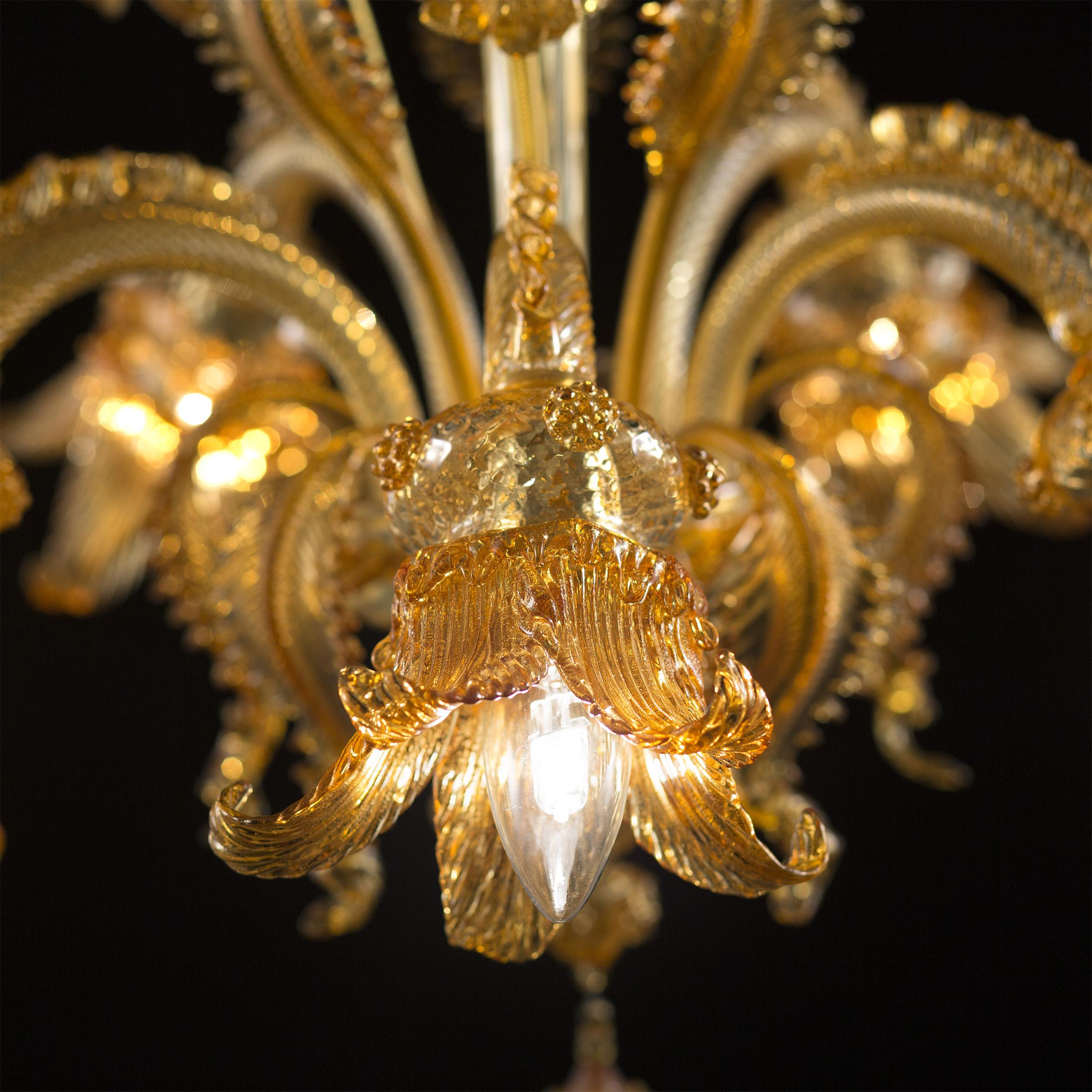 Blown Glass Luxury Chandelier 5 Arms Amber and Gold Murano Glass, by Multiforme For Sale