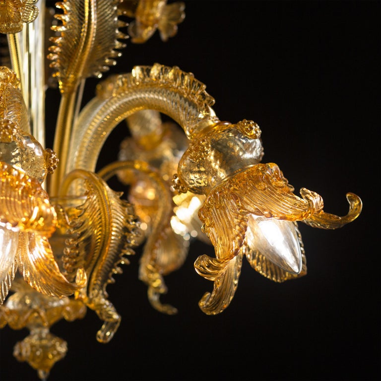Luxury Chandelier 5 Arms Amber and Gold Murano Glass, by Multiforme in Stock For Sale 1