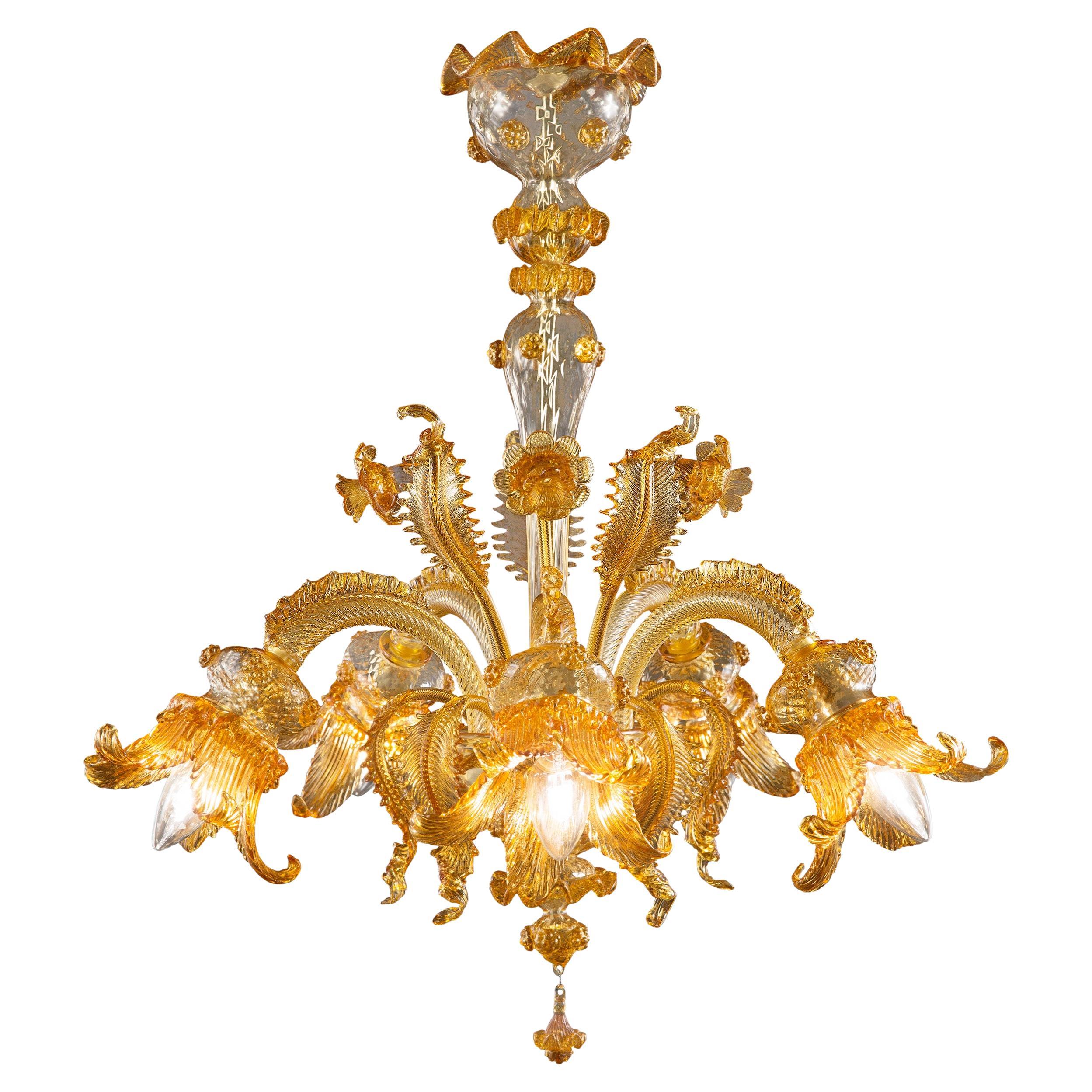 Luxury Chandelier 5 Arms Amber and Gold Murano Glass, by Multiforme For Sale