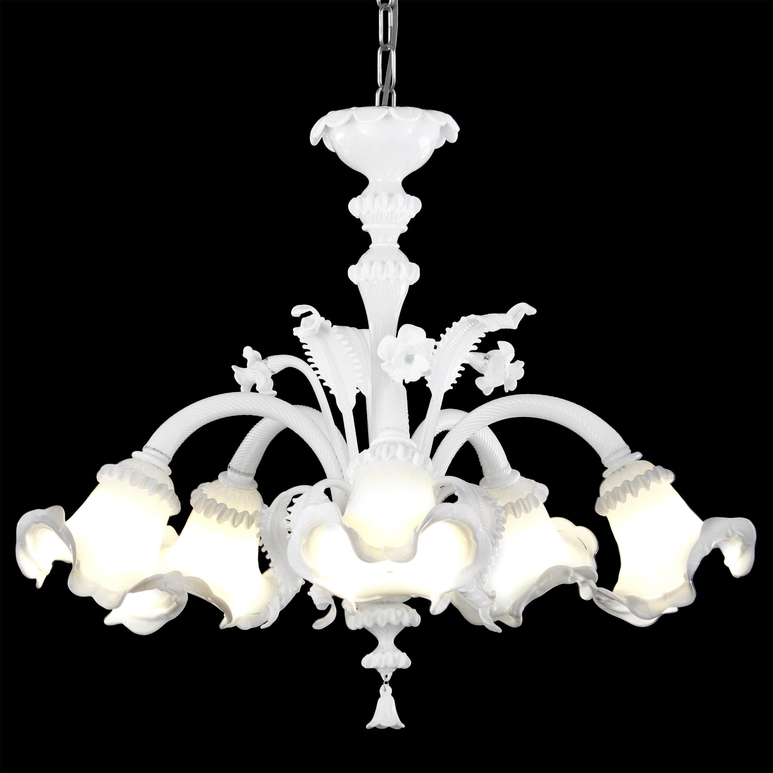 Luxury chandelier 5 arms white encased Murano glass with upper flowers and leaves V-Classic 900 by Multiforme
A wide range of colours is available for the V-Classic 900 collection.
Moreover, a wide range of warm and cool colours can be combined with