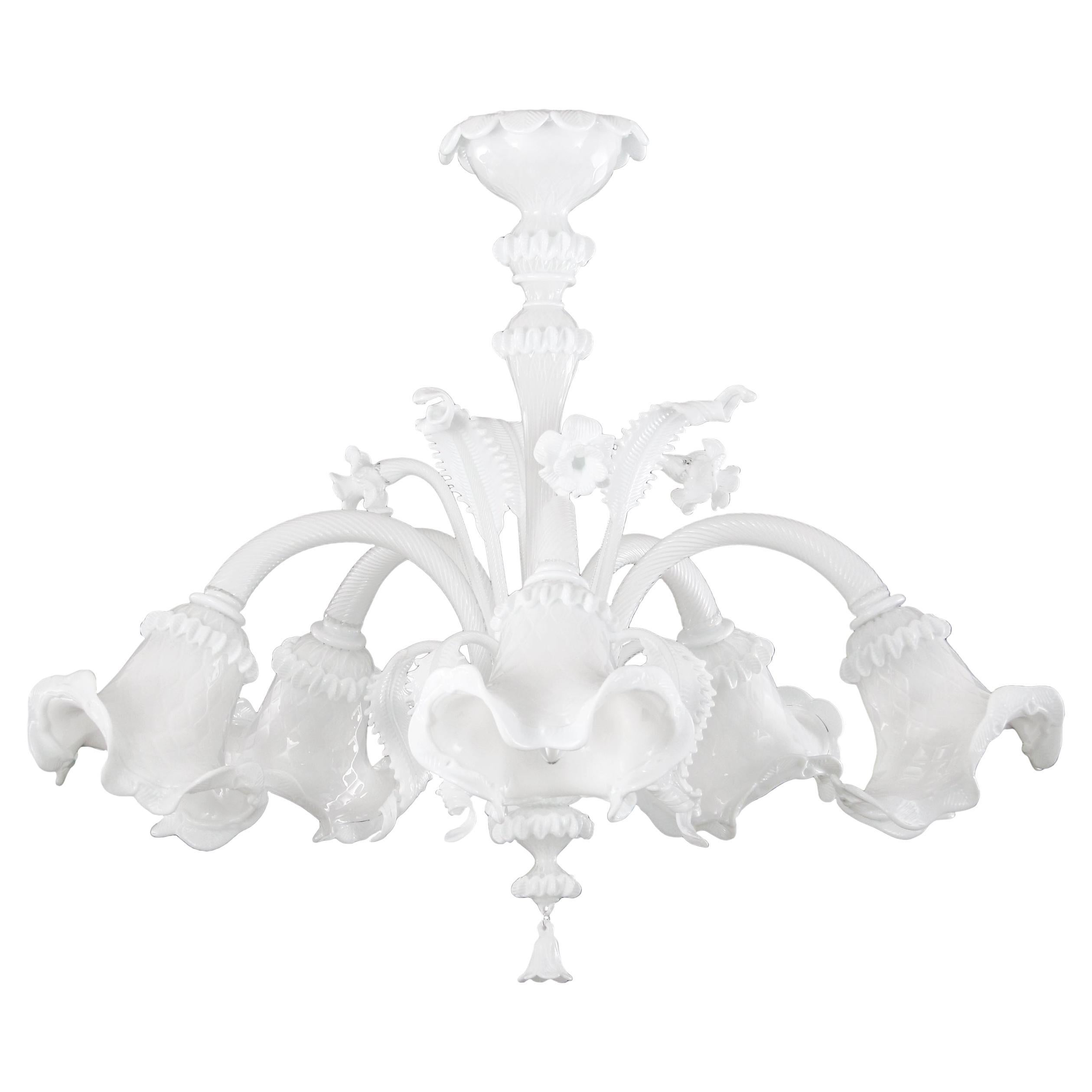 Luxury Chandelier 5 Arms White Encased Murano Glass by Multiforme  For Sale