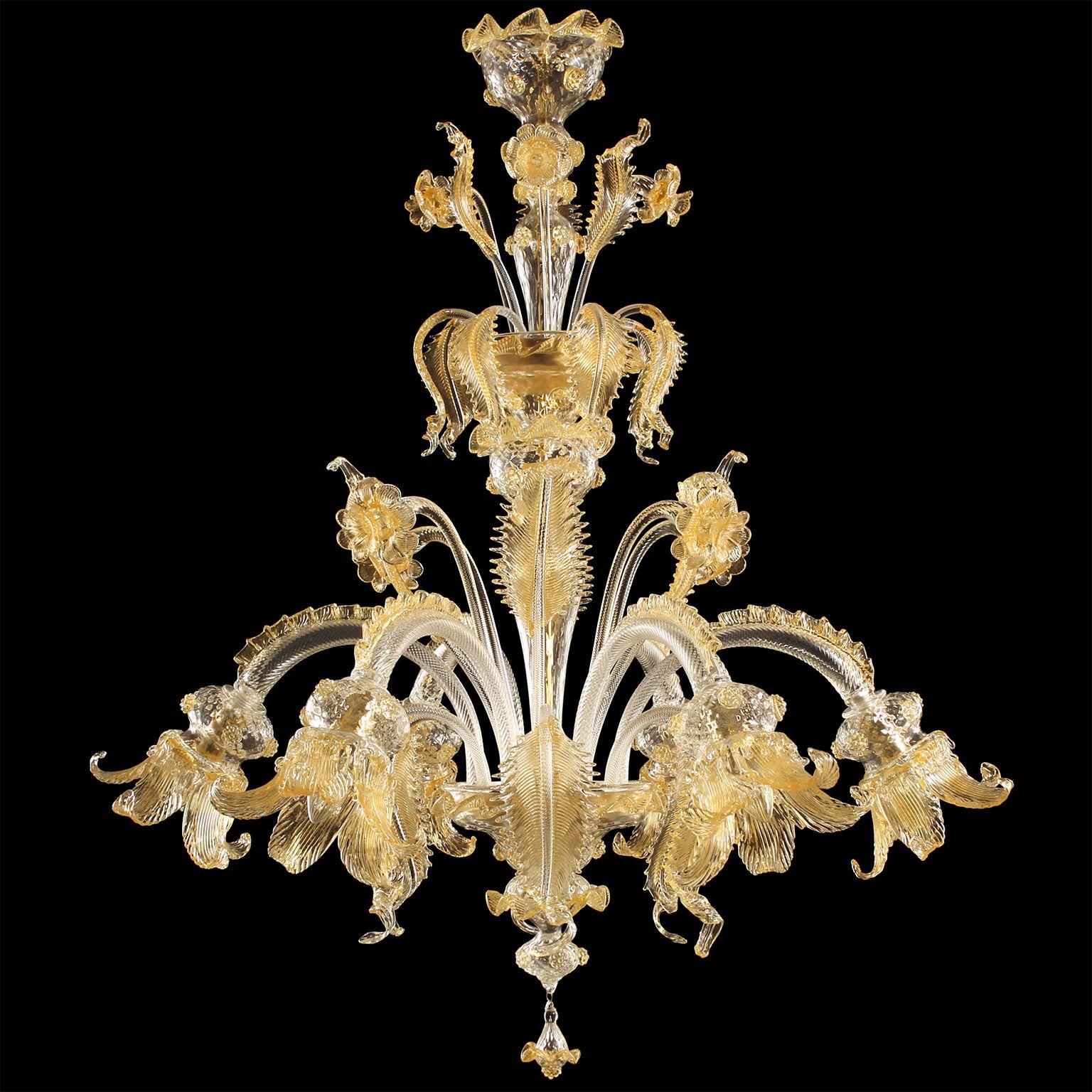 Luxury chandelier 6 arms clear and amber Murano glass with upper flowers and leaves Golden-Century 86 by Multiforme
The collection of artistic glass chandeliers Golden Century 086 is a tribute to the golden and luxurious Venice of the XVIIIth. The