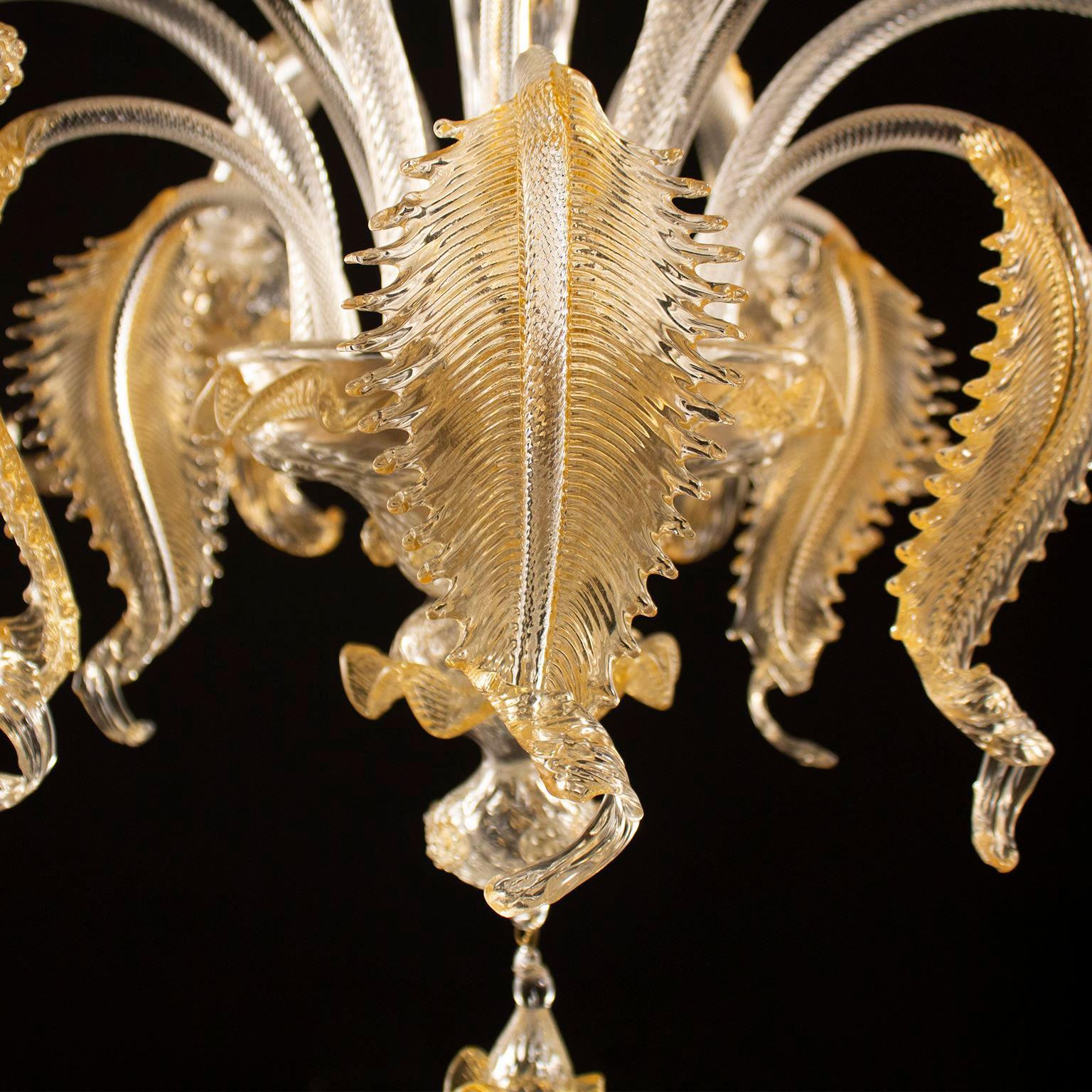 Italian Luxury Chandelier 6 Arms Clear and Amber Murano Glass by Multiforme For Sale