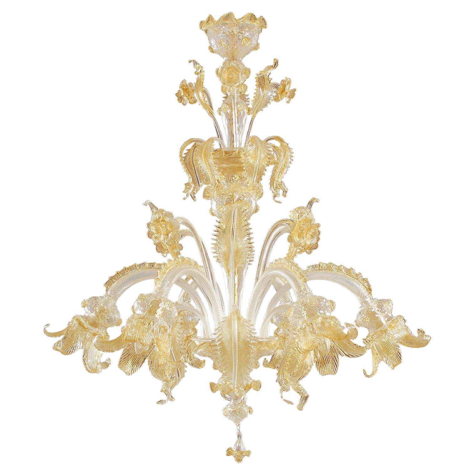 Luxury Chandelier 6 Arms Clear and Amber Murano Glass by Multiforme in stock