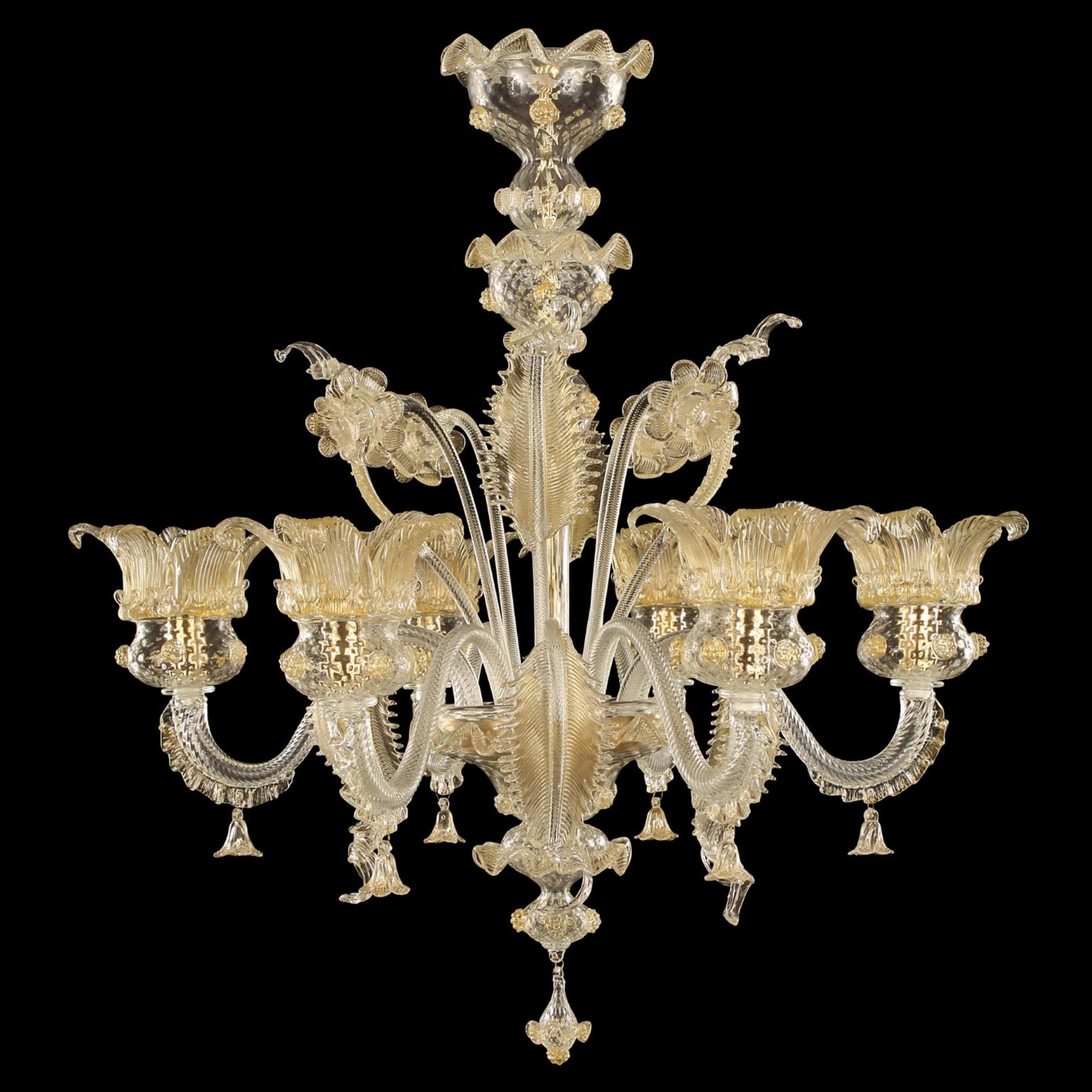 Luxury chandelier 6 arms clear Murano glass gold details Golden Century87 by Multiforme
The collection Golden century 087 by Multiforme lighting is a tribute to the magic and the richness of the XVIIIth Venice. It presents the same structure of the