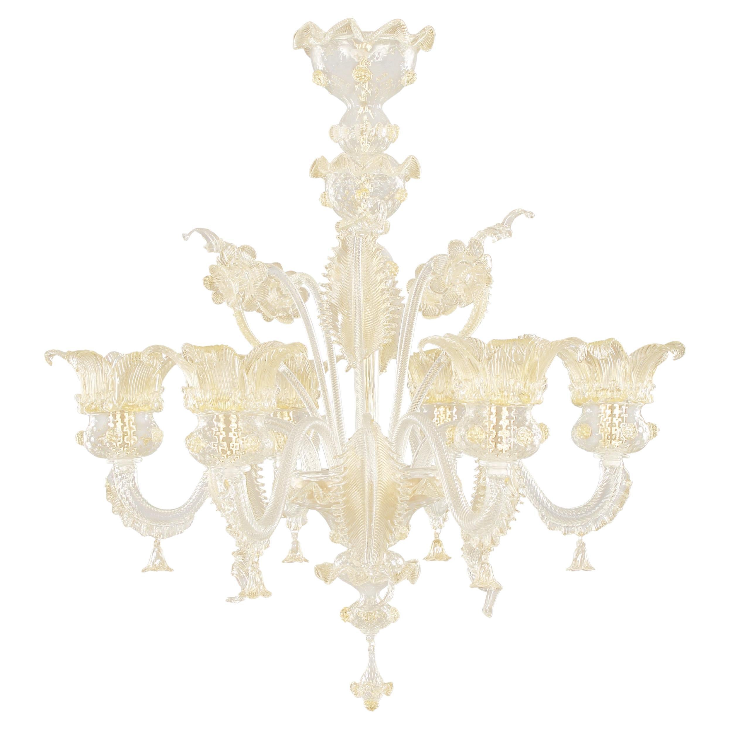 Luxury Chandelier 6 Arms Clear Murano Glass Gold Details by Multiforme
