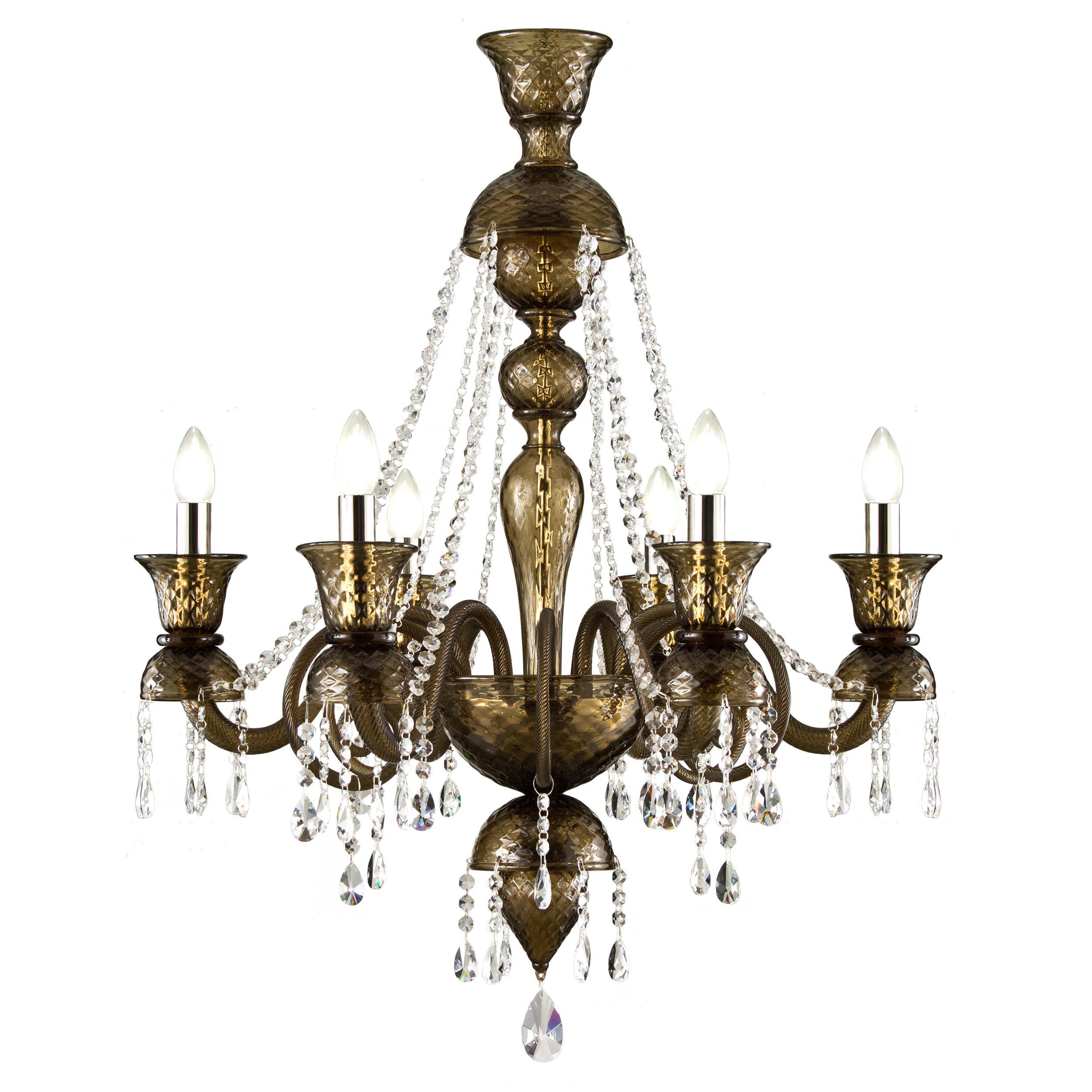 Luxury Chandelier 6 Arms Dark Smoky Crystal Murano Glass by Multiforme in Stock