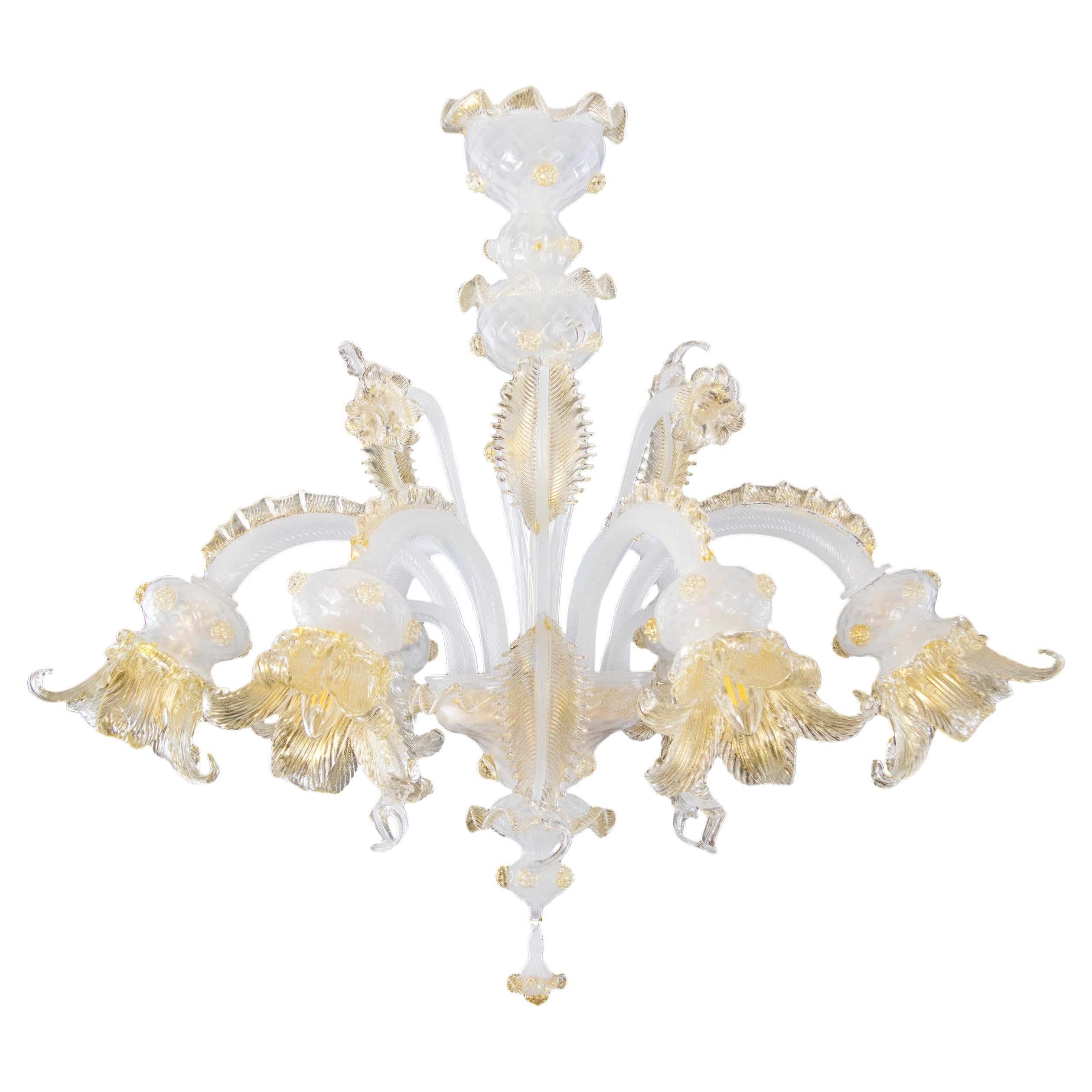 Luxury Chandelier 6 Arms Silk-gold-clear Murano Glass, by Multiforme in Stock