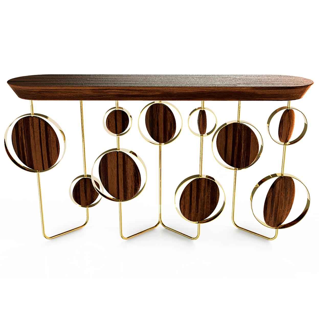 The Circle console is a unique piece of luxury furniture. It features a highly coveted combination of walnut and metal with brass or darkened nickel finish. 

This console has been expertly crafted by the artisans and results in an elegant piece