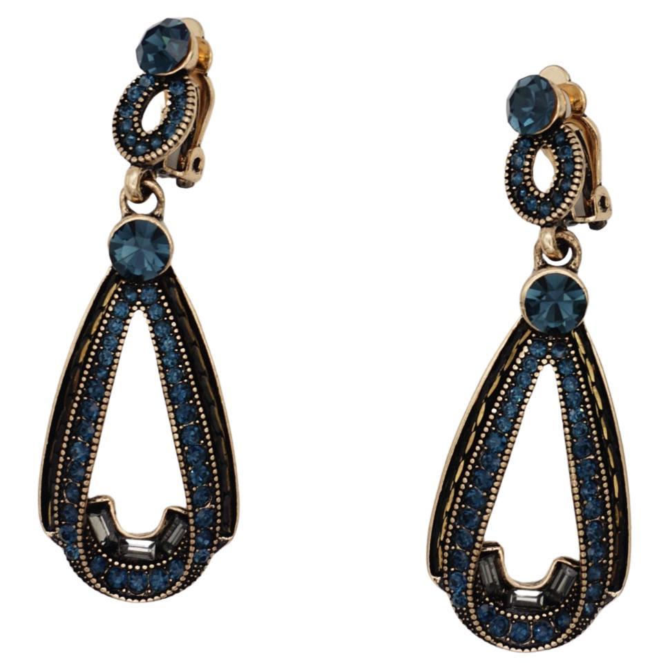 Luxury Classic Ocean Blue Navy Swarovski Crystals Water Tear Drop Clip Earrings For Sale
