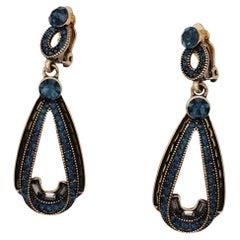 Luxury Classic Ocean Blue Navy Swarovski Crystals Water Tear Drop Clip Earrings