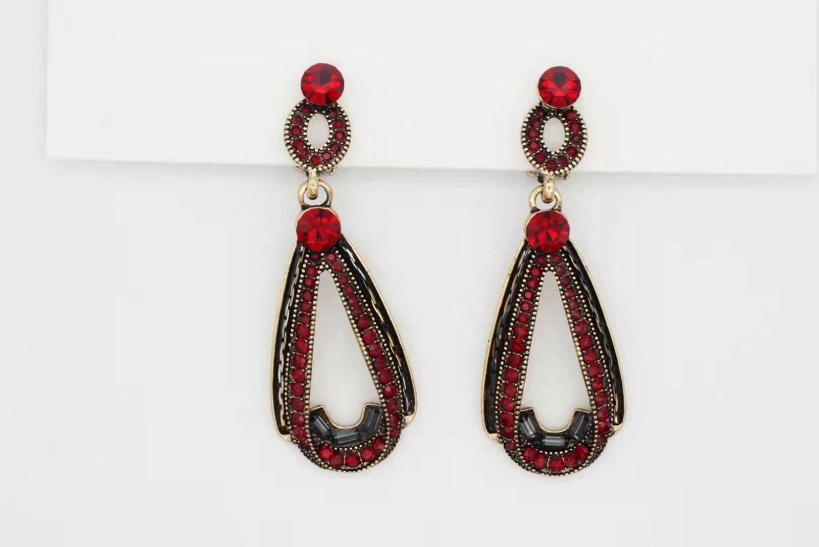 Lujo Clásico Rubí Rojo Swarovski Cristales Gota Retro Oro Clip On Pendientes en venta 8