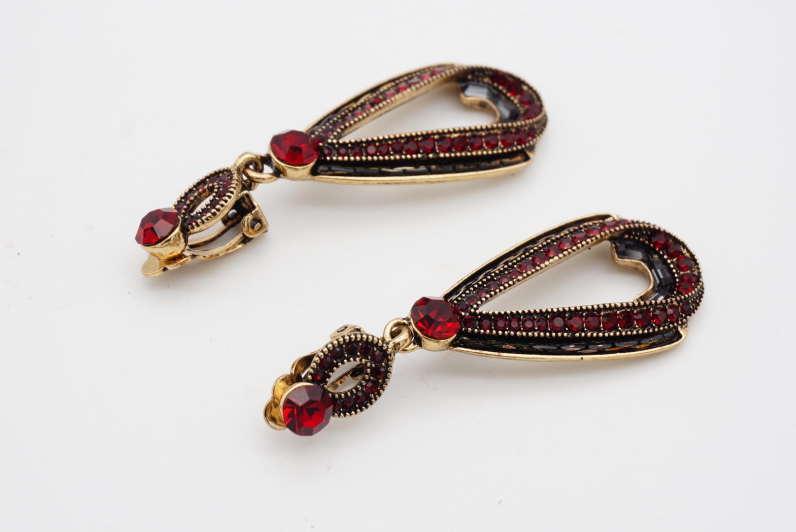 Luxury Classic Red Ruby Swarovski Crystals Drop Retro Gold Clip On Earrings For Sale 4