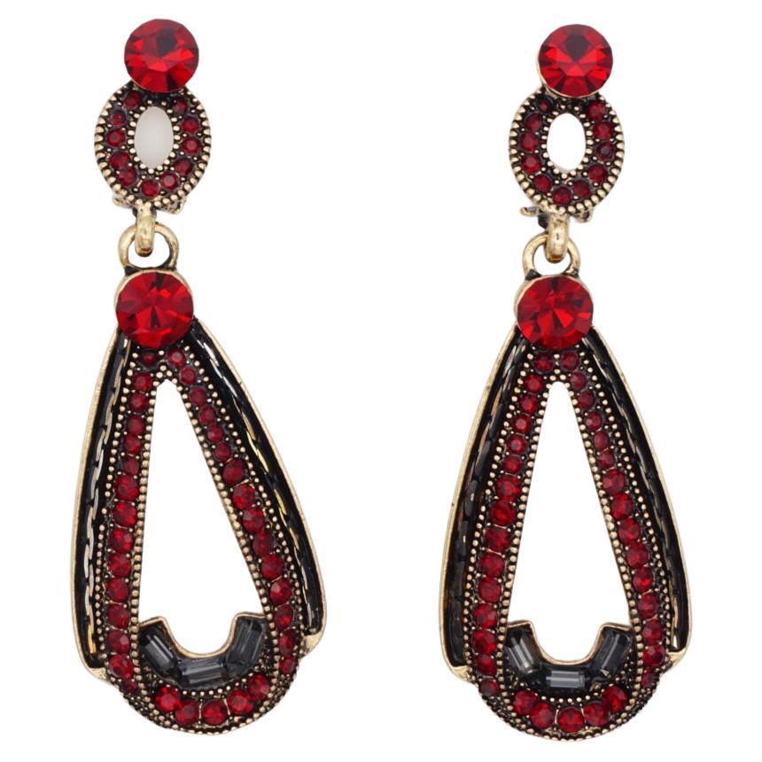 Luxury Classic Red Ruby Swarovski Crystals Drop Retro Gold Clip On Earrings For Sale