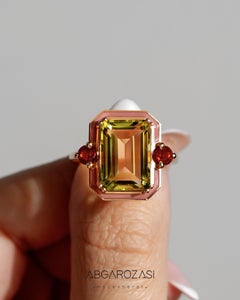 Luxury Cocktail Rings, Lemon Quartz and Ruby Stone Ring, 14k Solid Rose Gold