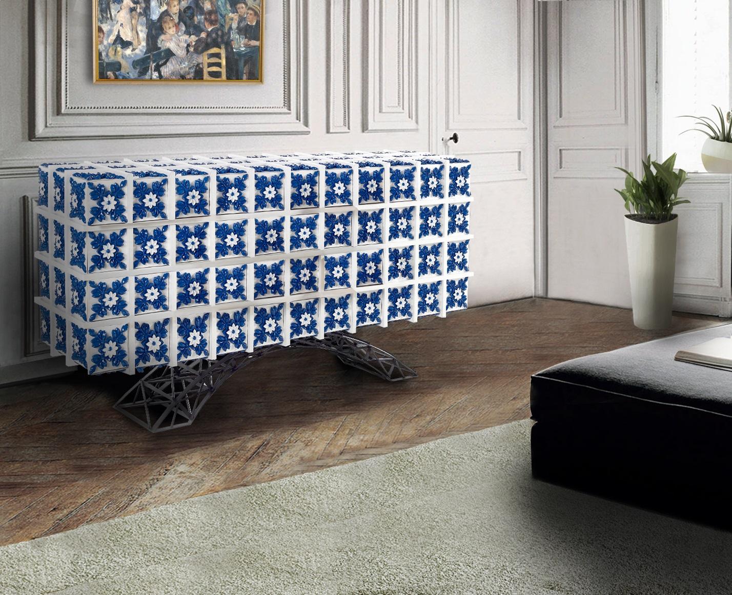 Portuguese Luxury Contemporary Modern Cabinet Sideboard in Iron and Blue Hand Painted Tiles For Sale
