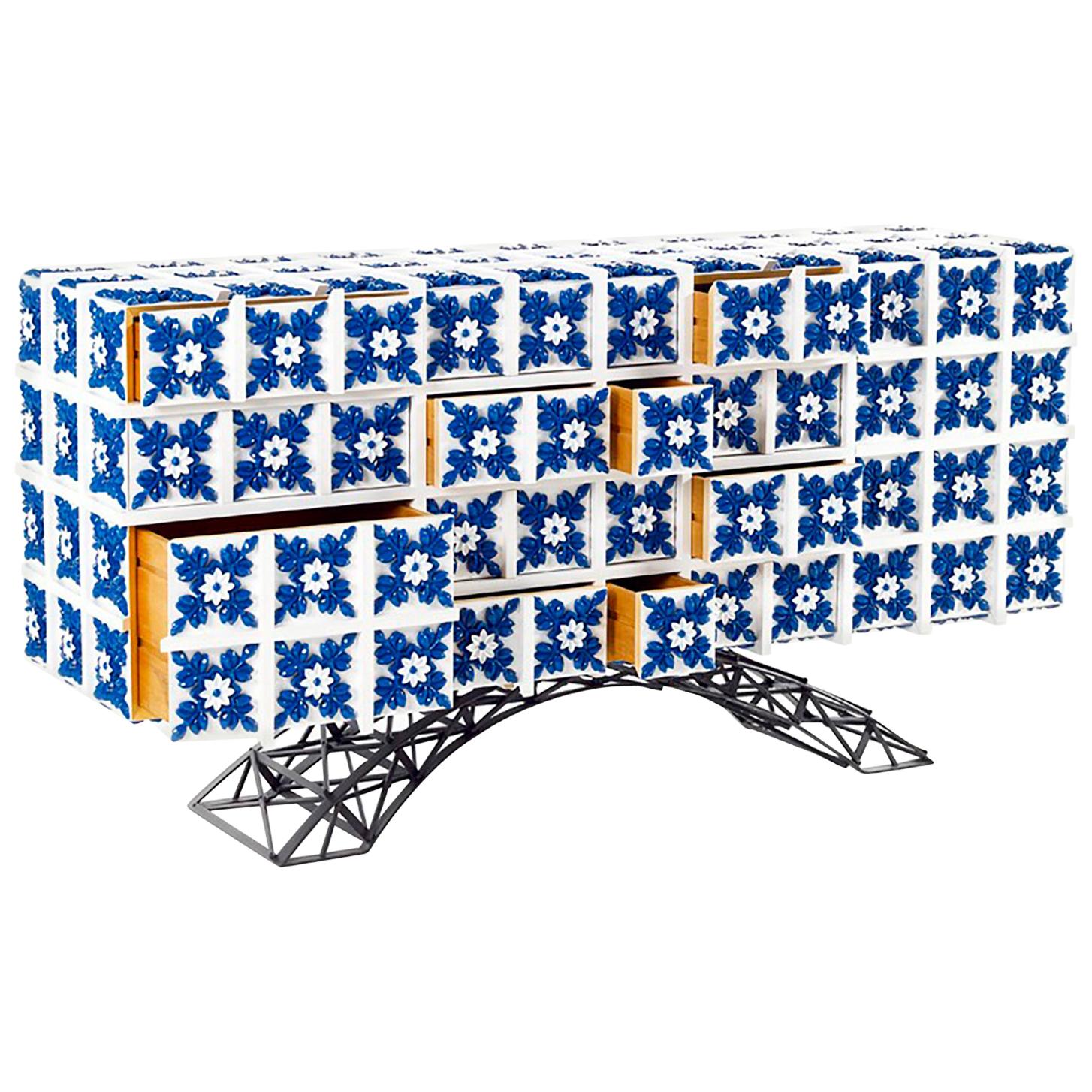 Luxury Contemporary Modern Cabinet Sideboard in Iron and Blue Hand Painted Tiles
