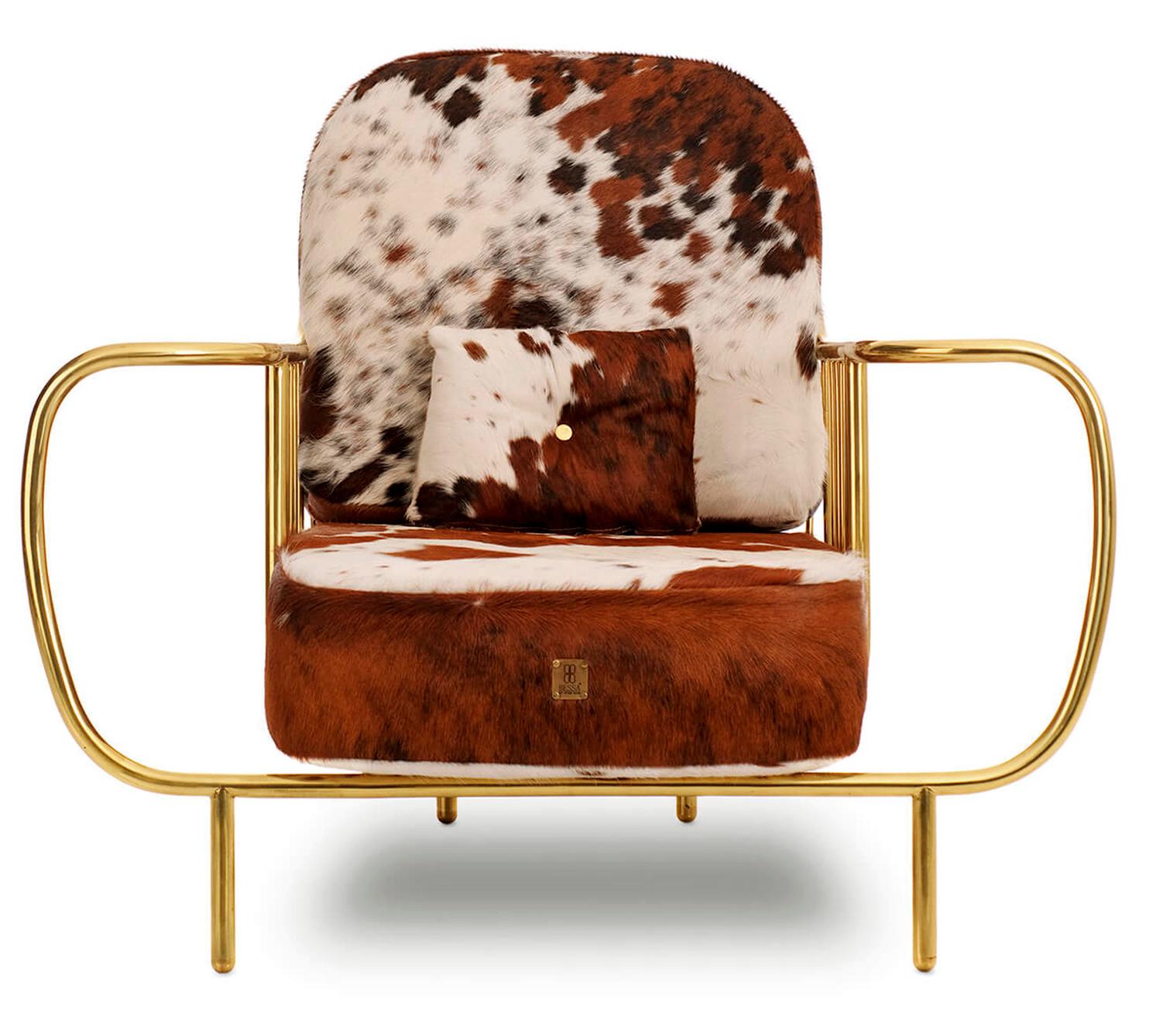 Mid-Century Modern Luxury Contemporary Modern Cow Leather Fur Upholstered and Gilt Brass Armchair