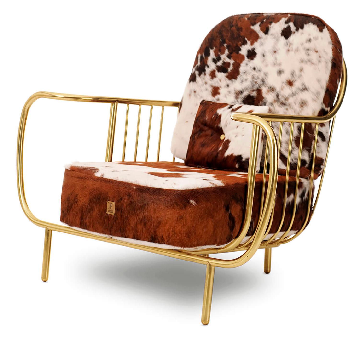 Portuguese Luxury Contemporary Modern Cow Leather Fur Upholstered and Gilt Brass Armchair