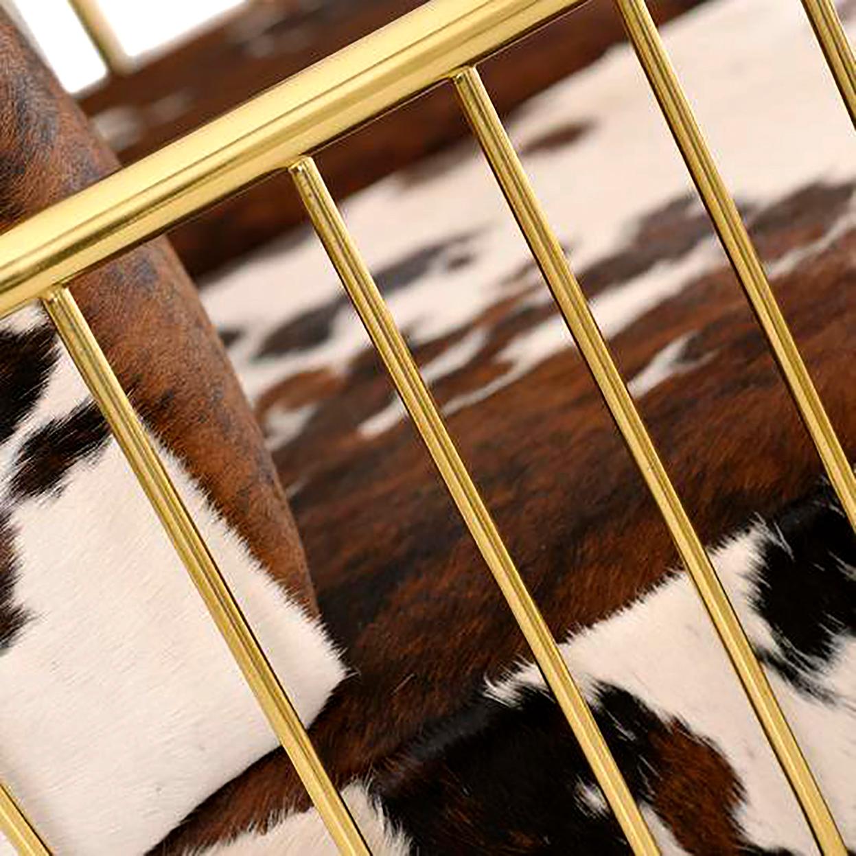 Polished Luxury Contemporary Modern Cow Leather Fur Upholstered and Gilt Brass Armchair