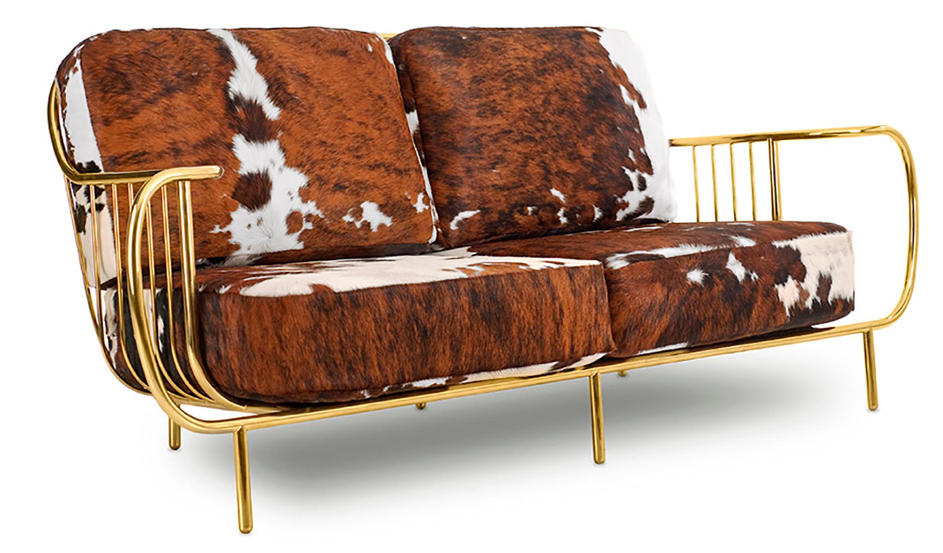 Luxury Contemporary Modern Cow Leather Fur Upholstered and Gilt Brass Armchair In New Condition In Coimbra, PT