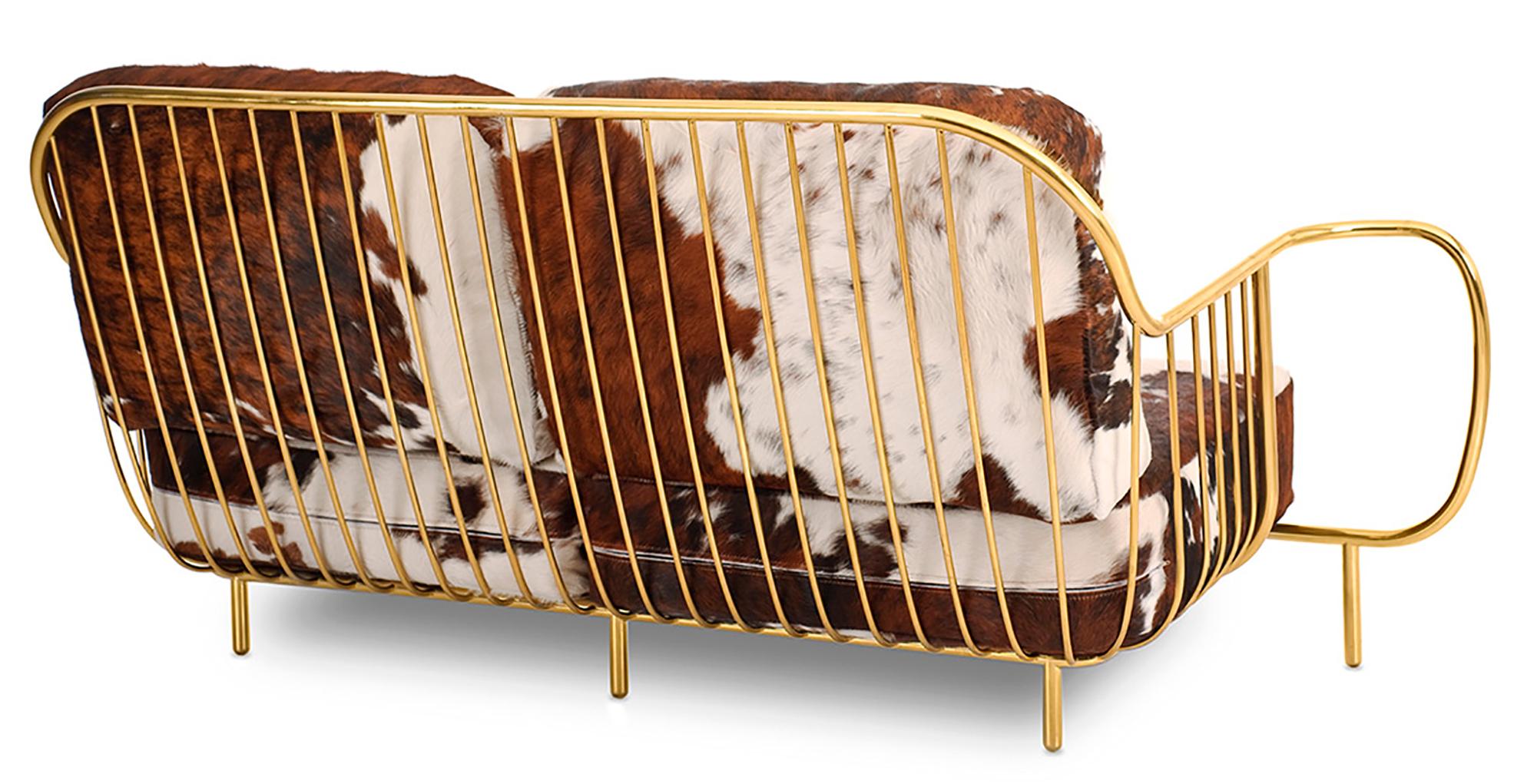 Luxury Contemporary Modern Cow Leather Fur Upholstered and Gilt Brass Armchair 1
