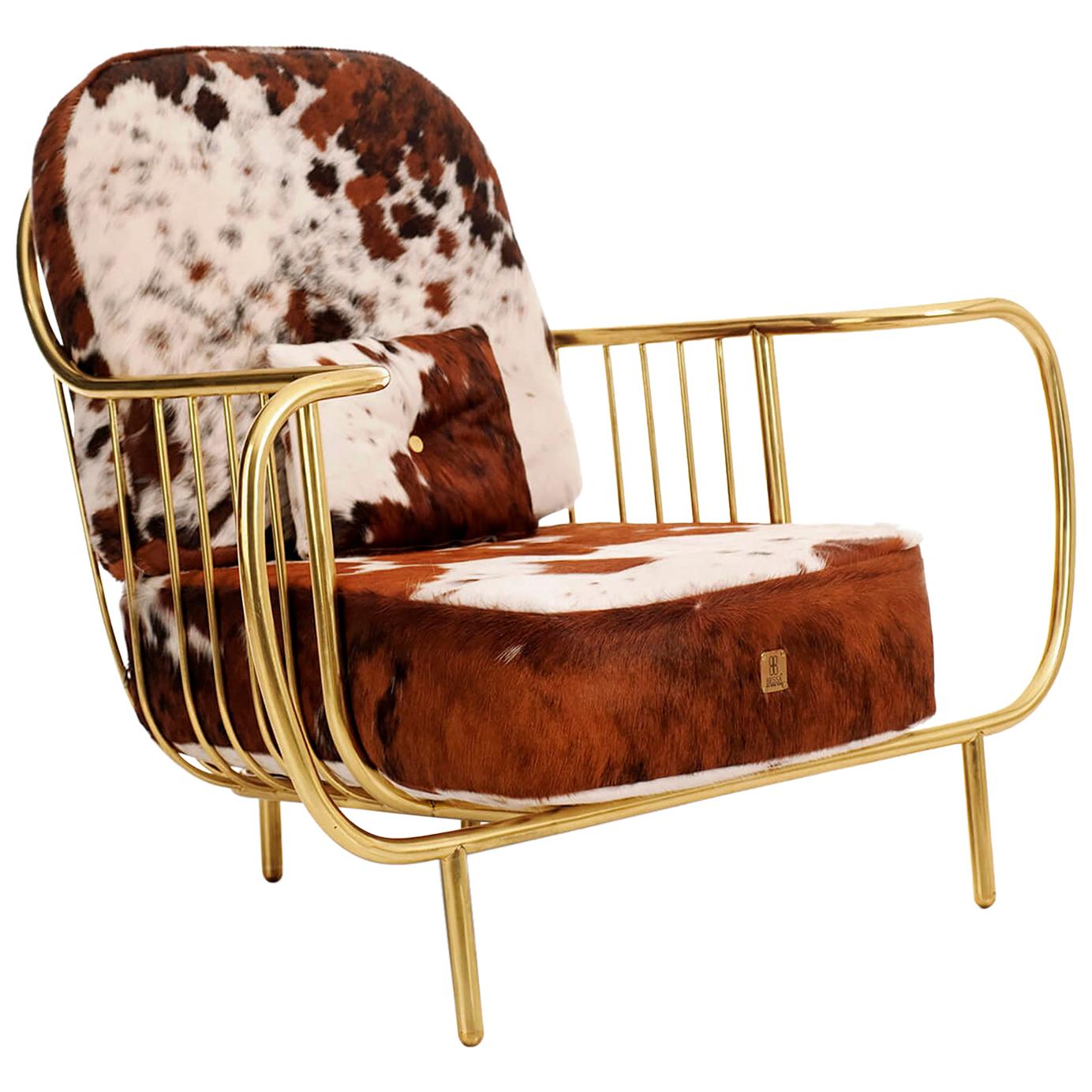 Luxury Contemporary Modern Cow Leather Fur Upholstered and Gilt Brass Armchair