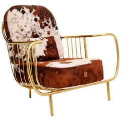 Luxury Contemporary Modern Cow Leather Fur Upholstered and Gilt Brass Armchair