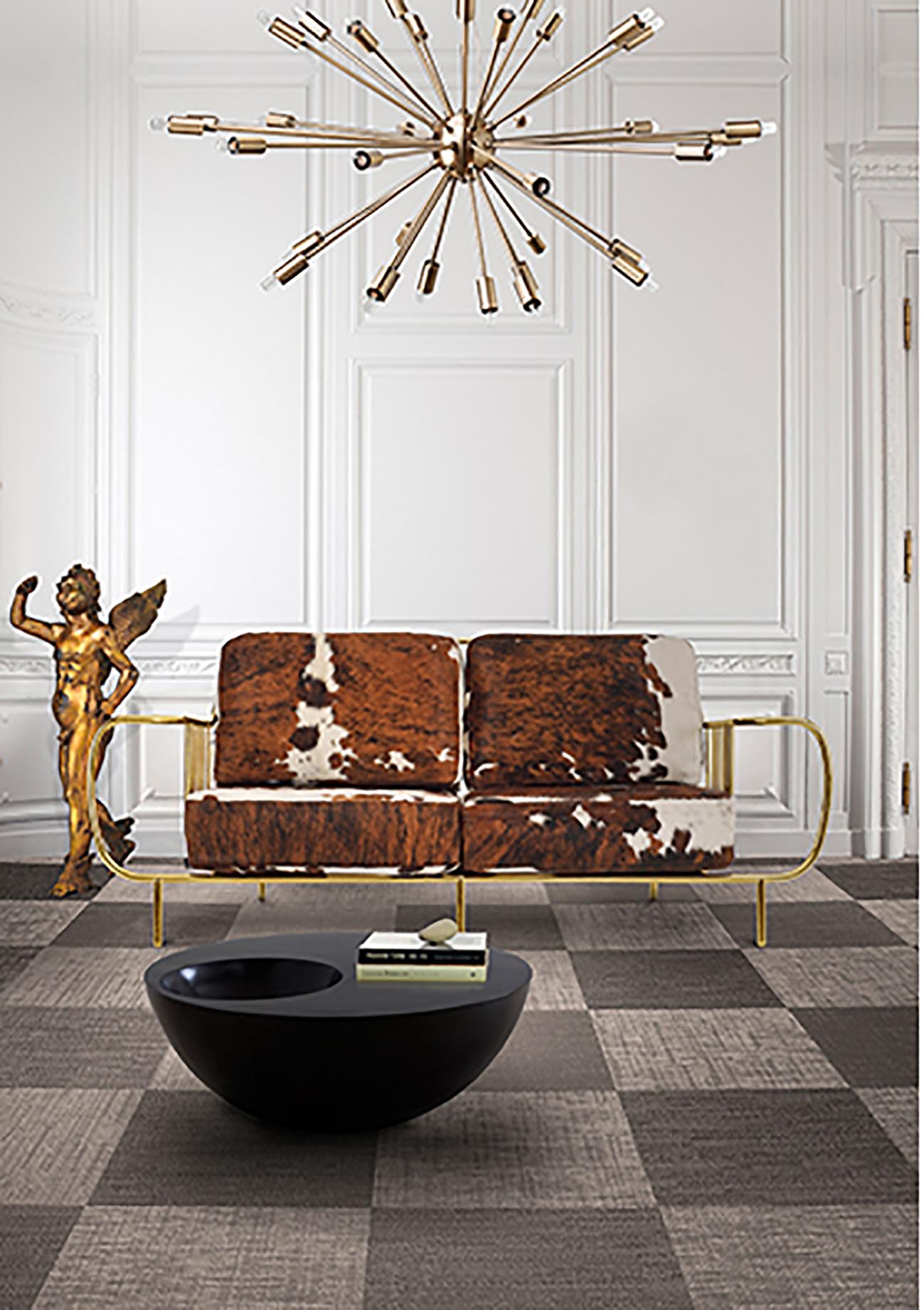 Polished Luxury Contemporary Modern Cow Leather Fur Upholstered & Gilt Brass Living Sofa