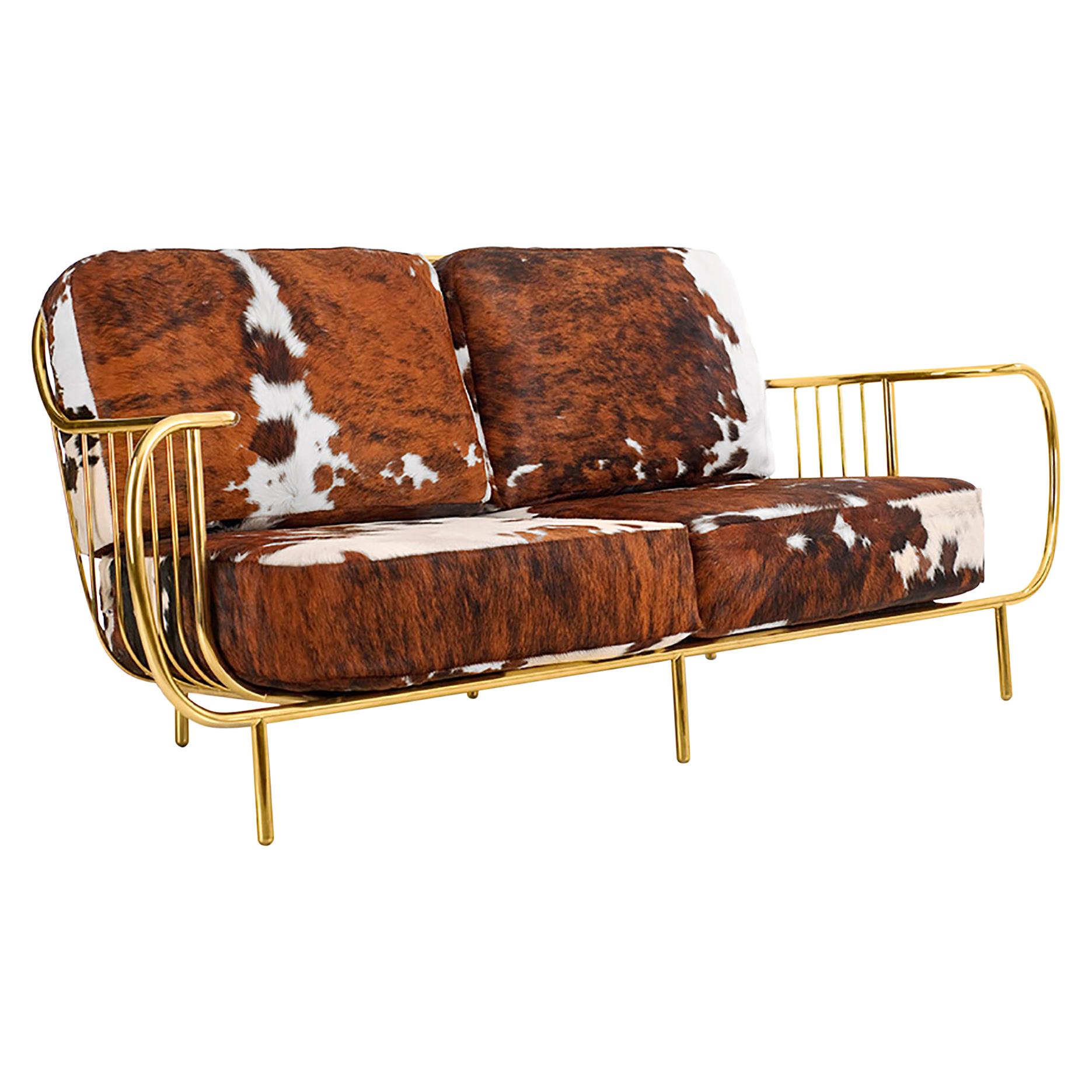 Luxury Contemporary Modern Cow Leather Fur Upholstered & Gilt Brass Living Sofa