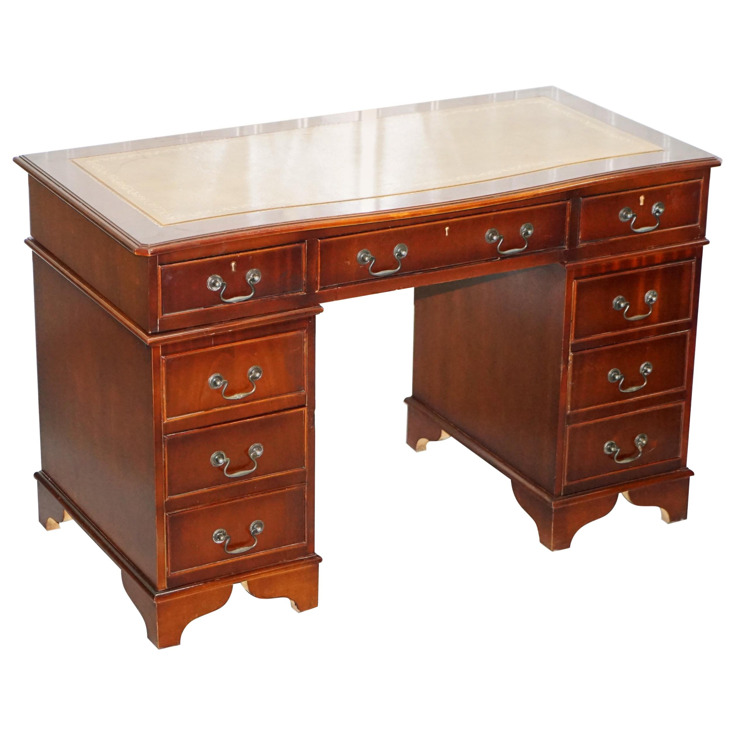 Luxury Curved Front Mahogany with Green Leather Top Twin Pedestal Partner Desk