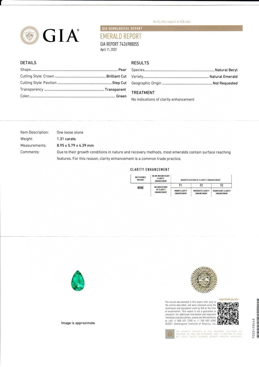 1.31 Carats No Oil Emerald GIA Certificate Bright Green color For Sale 1