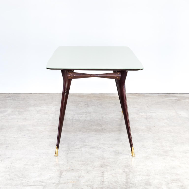 Luxury Detailed Italian Wood, Brass Dining Table with Colored Glass Table  Top For Sale at 1stDibs