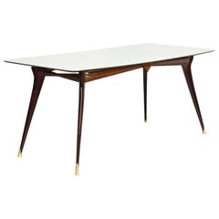 Luxury Detailed Italian Wood, Brass Dining Table with Colored Glass Table Top