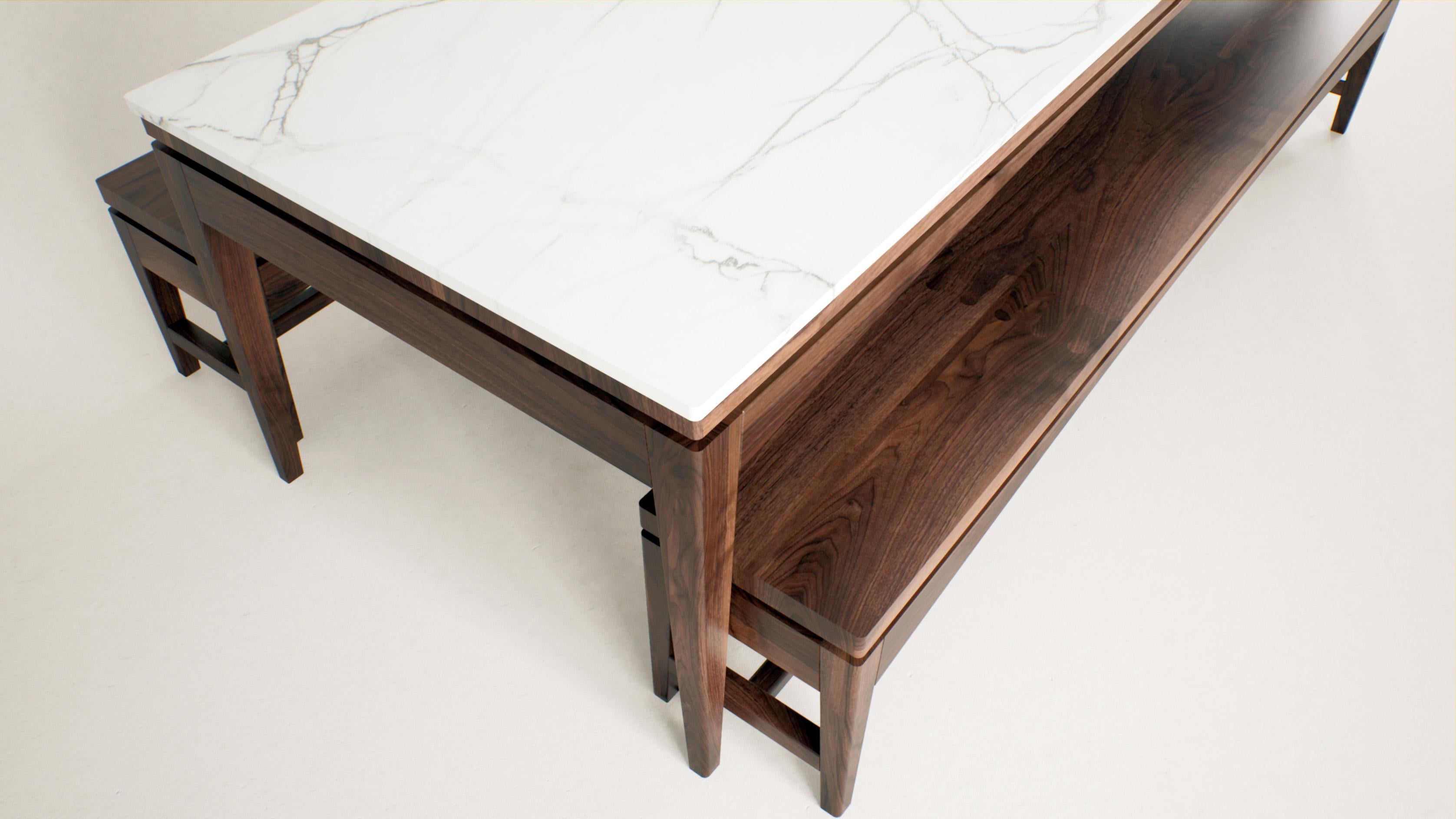Mid-Century Modern Ensemble de salle à manger de luxe avec table en porcelaine - Design Modernity avec bancs en noyer en vente