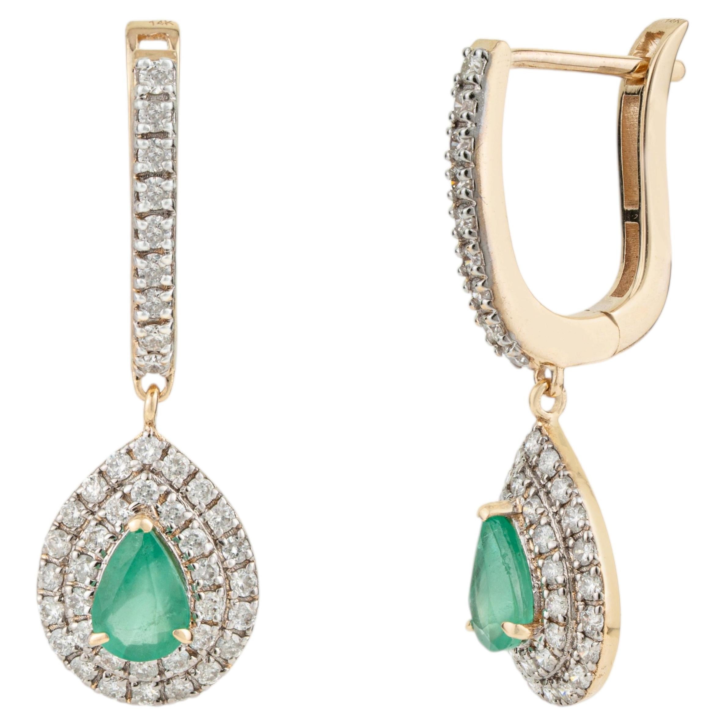 Luxury Emerald & Diamond Double Halo Latchback Drop Earrings in 14K Yellow Gold