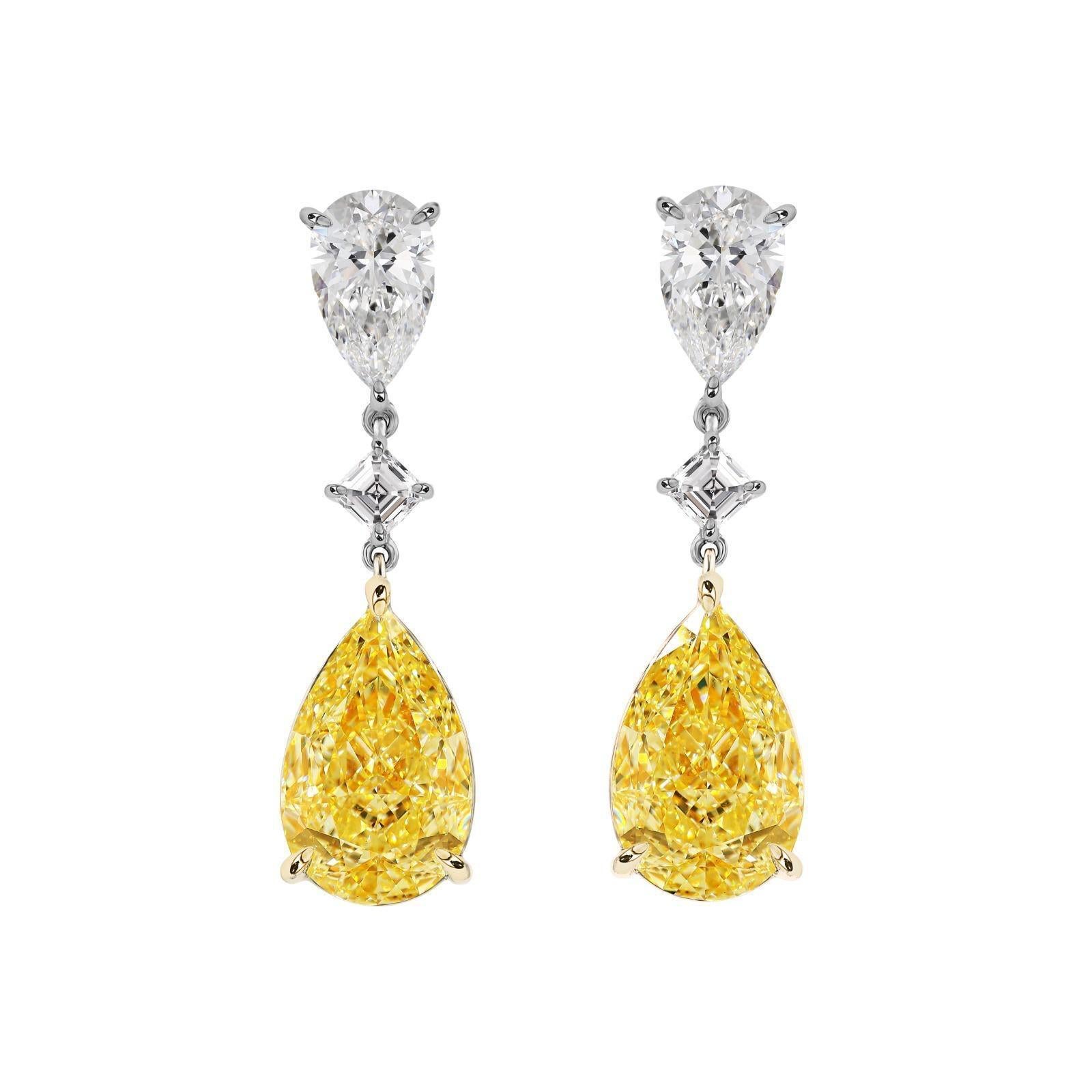 Luxury Fancy Light Yellow Diamond Pear Drop Earrings 10.24ct - Merkaba Jewelry en vente 1