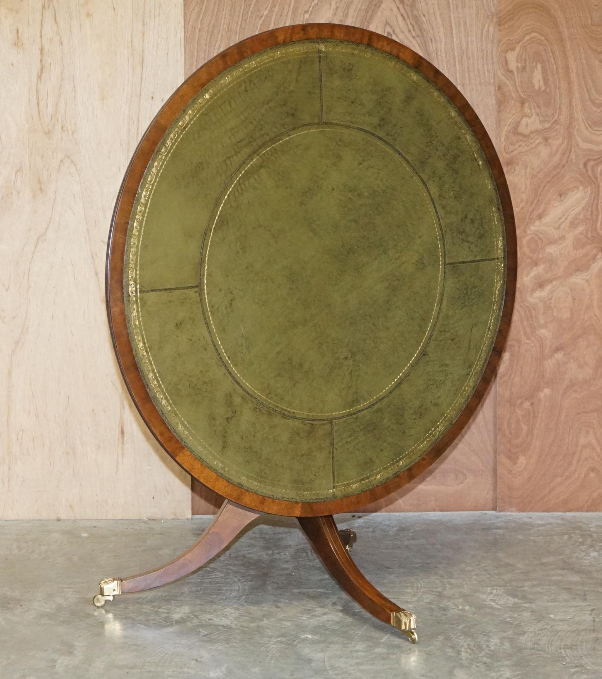 Luxury Flamed Hardwood, Brass Inlaid, Green Leather Drum Dining / Centre Table 5