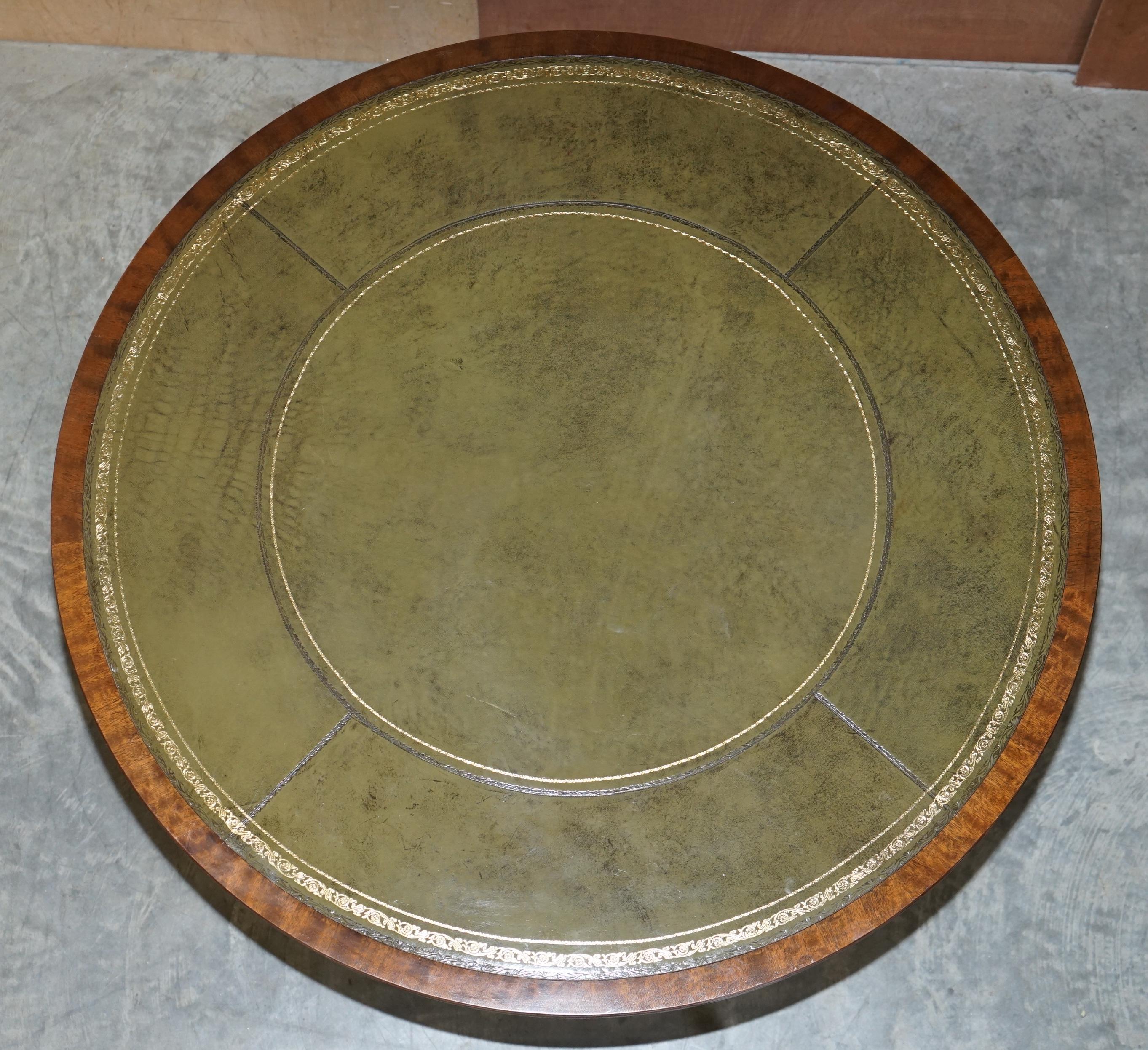 Luxury Flamed Hardwood, Brass Inlaid, Green Leather Drum Dining / Centre Table 2