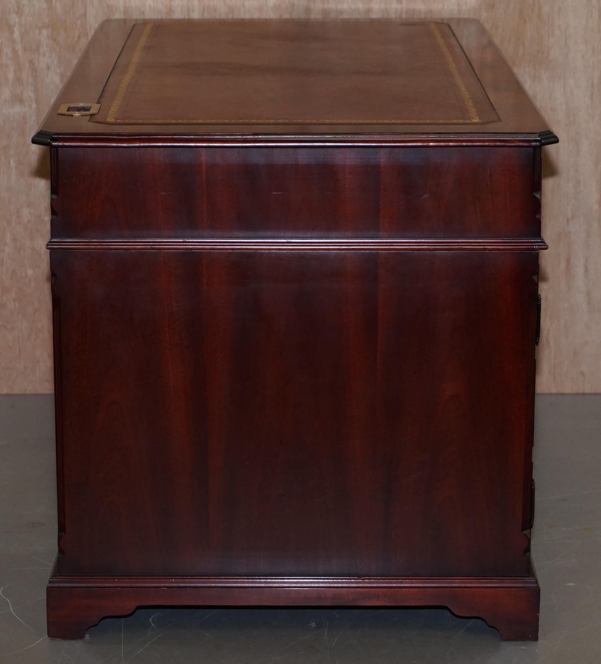 Luxury Flamed Hardwood Oxblood Leather Twin Pedestal Partner Desk Keyboard Shelf 5
