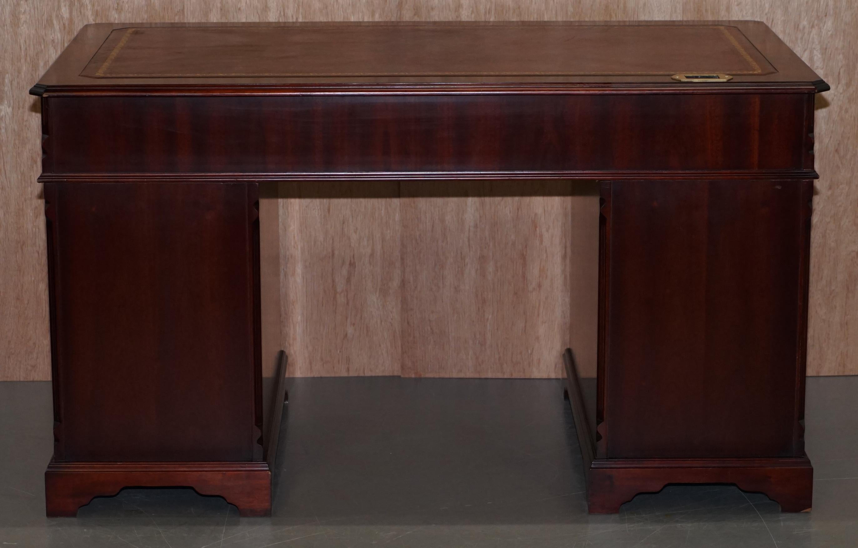 Luxury Flamed Hardwood Oxblood Leather Twin Pedestal Partner Desk Keyboard Shelf 6