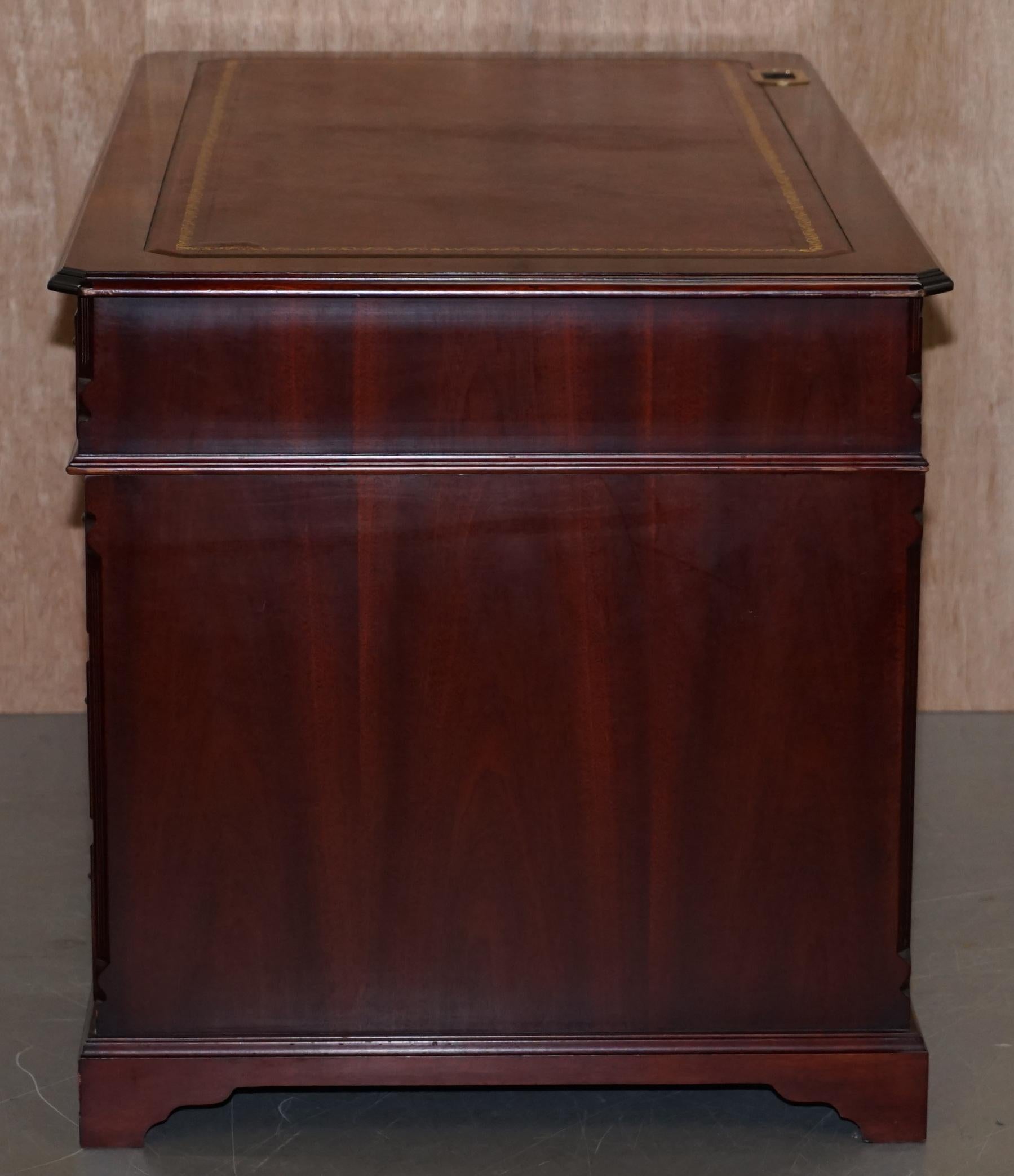 Luxury Flamed Hardwood Oxblood Leather Twin Pedestal Partner Desk Keyboard Shelf 8