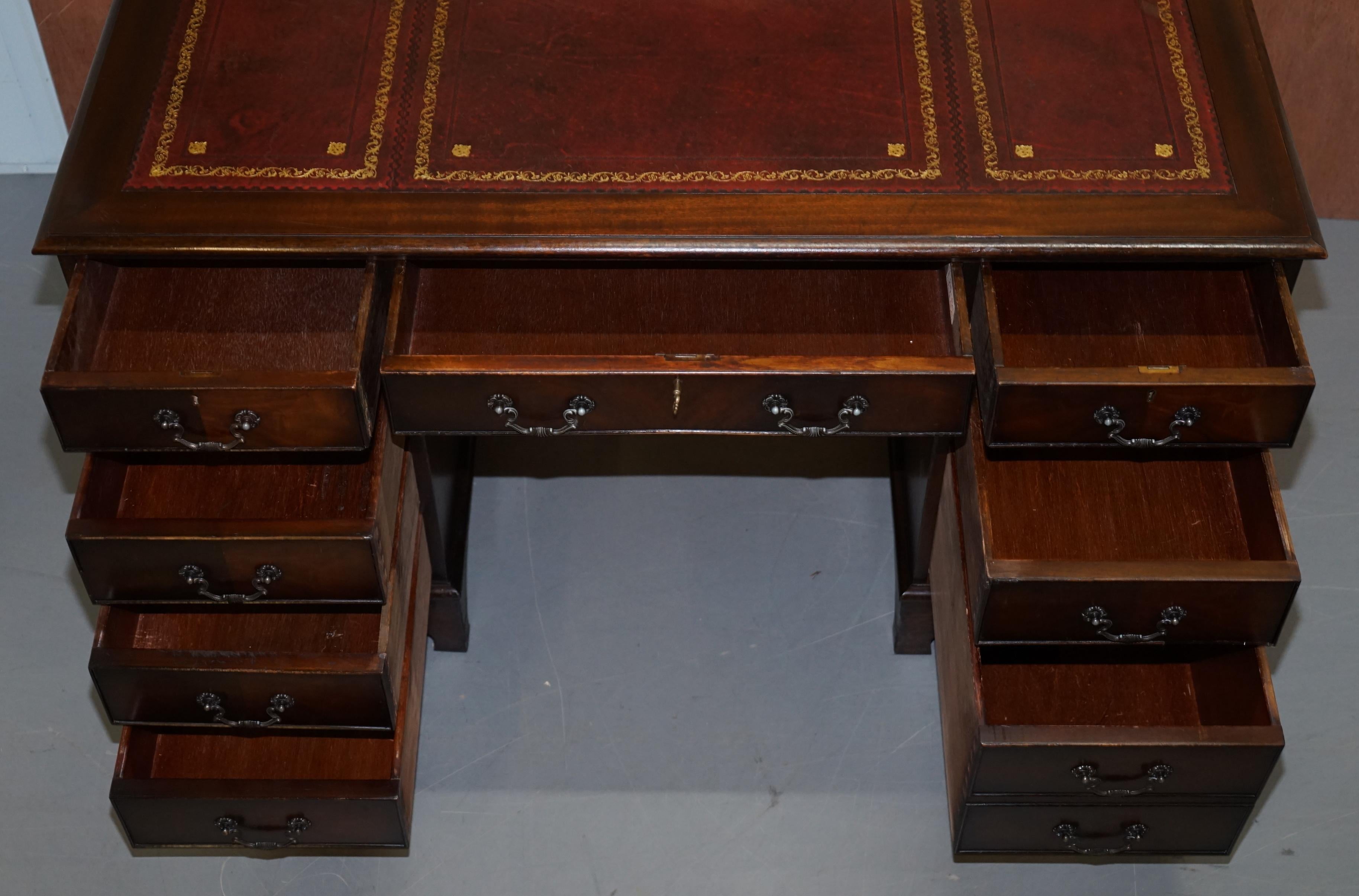 Luxury Flamed Mahogany Oxblood Leather Twin Pedestal Partner Desk Keyboard Shelf 9