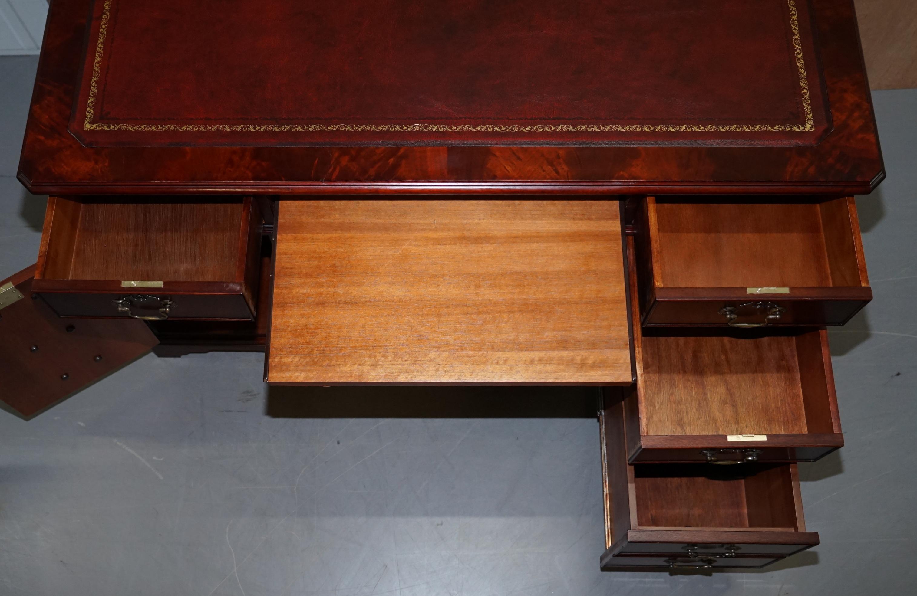 Luxury Flamed Hardwood Oxblood Leather Twin Pedestal Partner Desk Keyboard Shelf 12