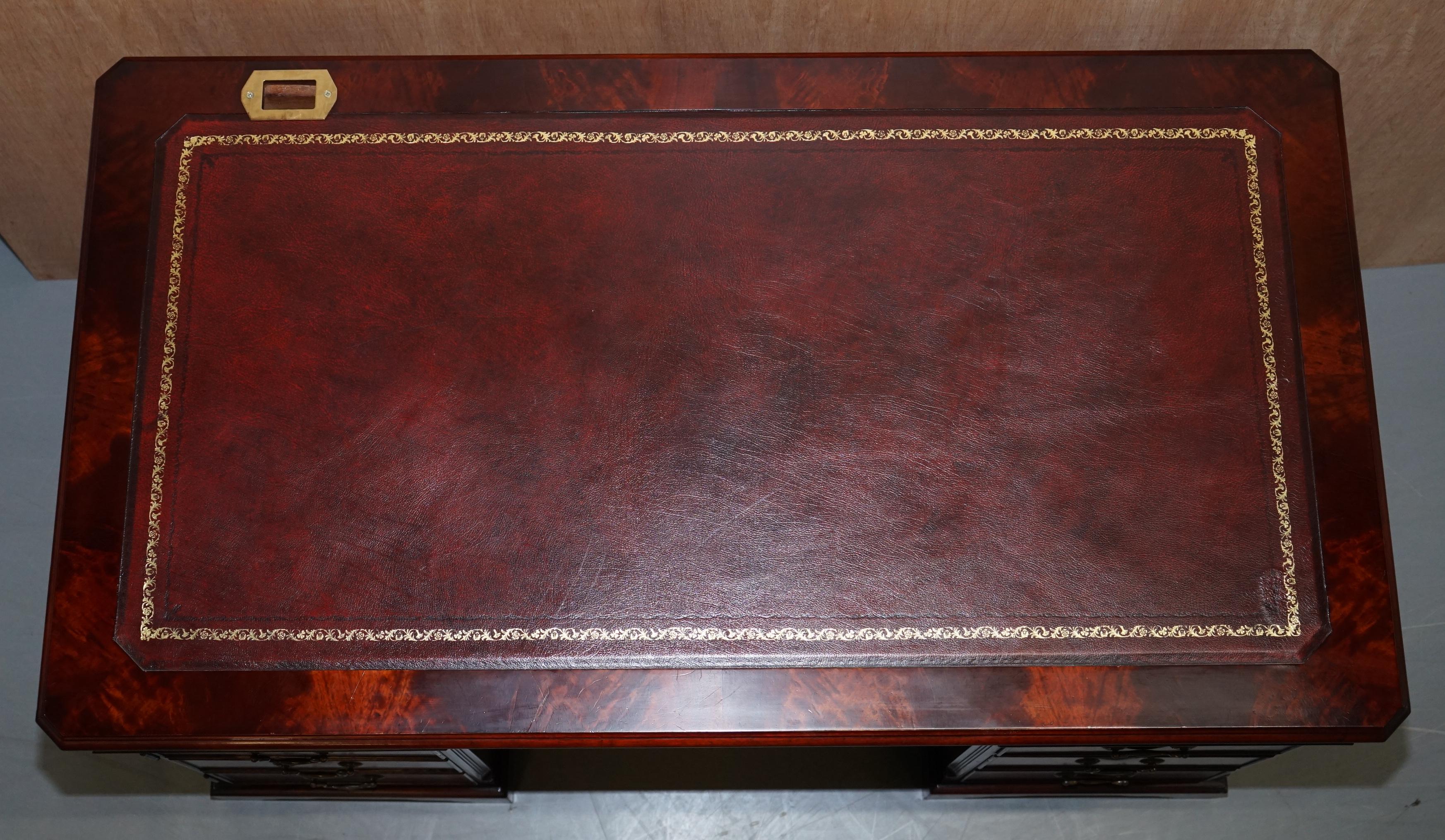 Modern Luxury Flamed Hardwood Oxblood Leather Twin Pedestal Partner Desk Keyboard Shelf