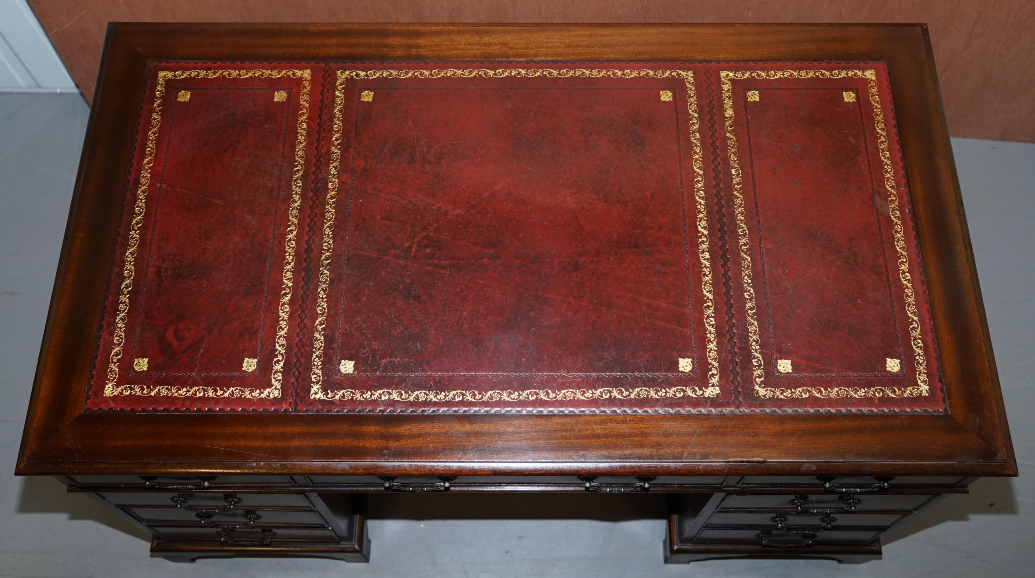 English Luxury Flamed Mahogany Oxblood Leather Twin Pedestal Partner Desk Keyboard Shelf