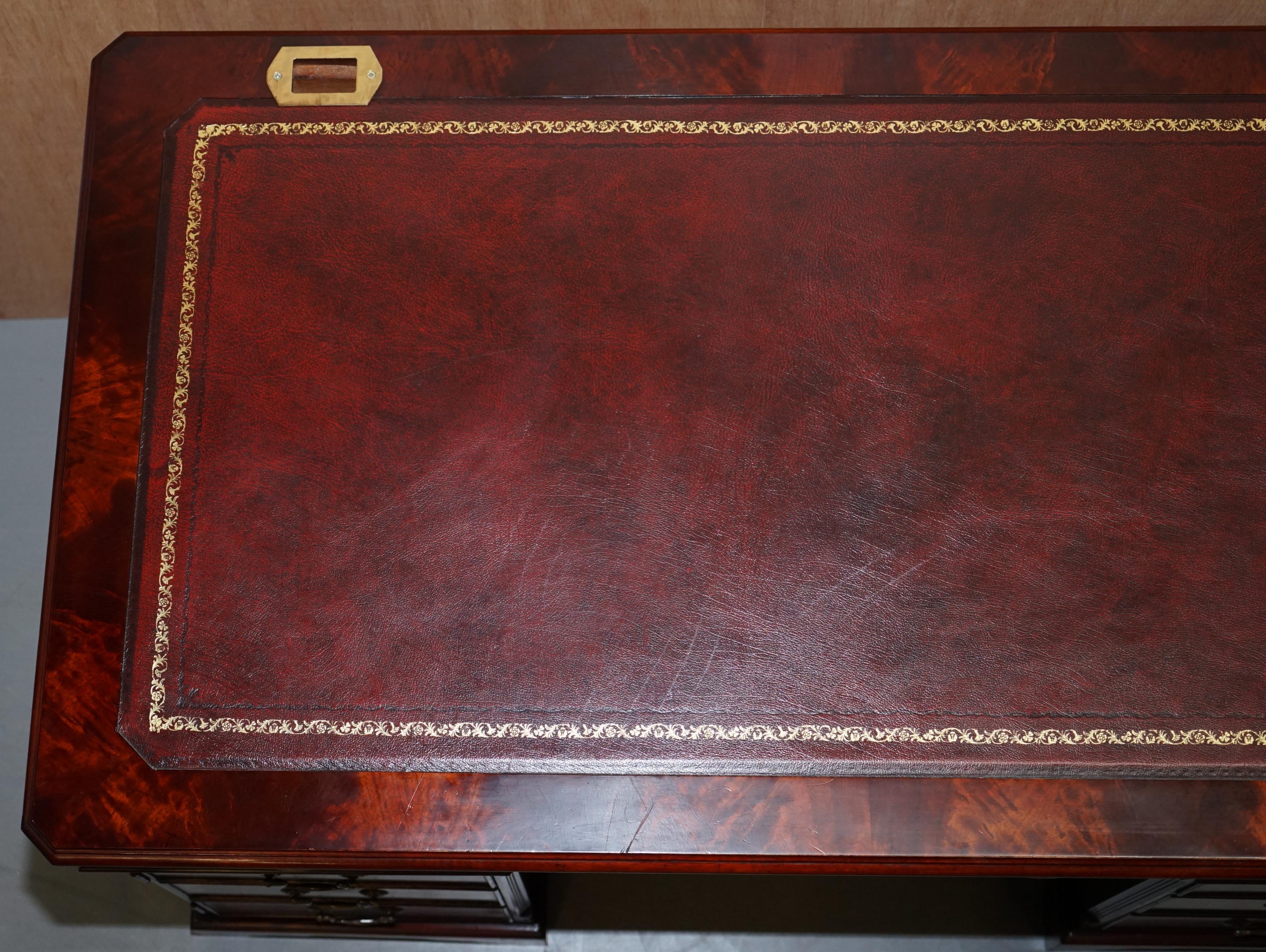 English Luxury Flamed Hardwood Oxblood Leather Twin Pedestal Partner Desk Keyboard Shelf